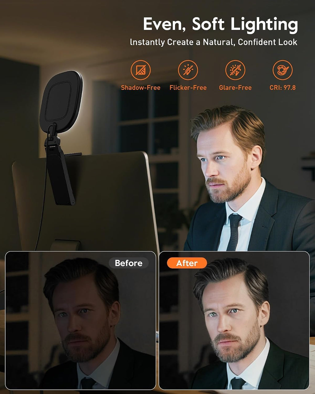 LitONES Webcam Ring Light with Screen-Safe Monitor Clip