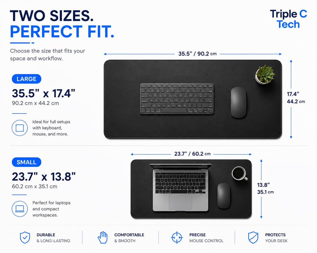 Triple C Tech Waterproof PU Leather Desk Mat with Stitched Edges