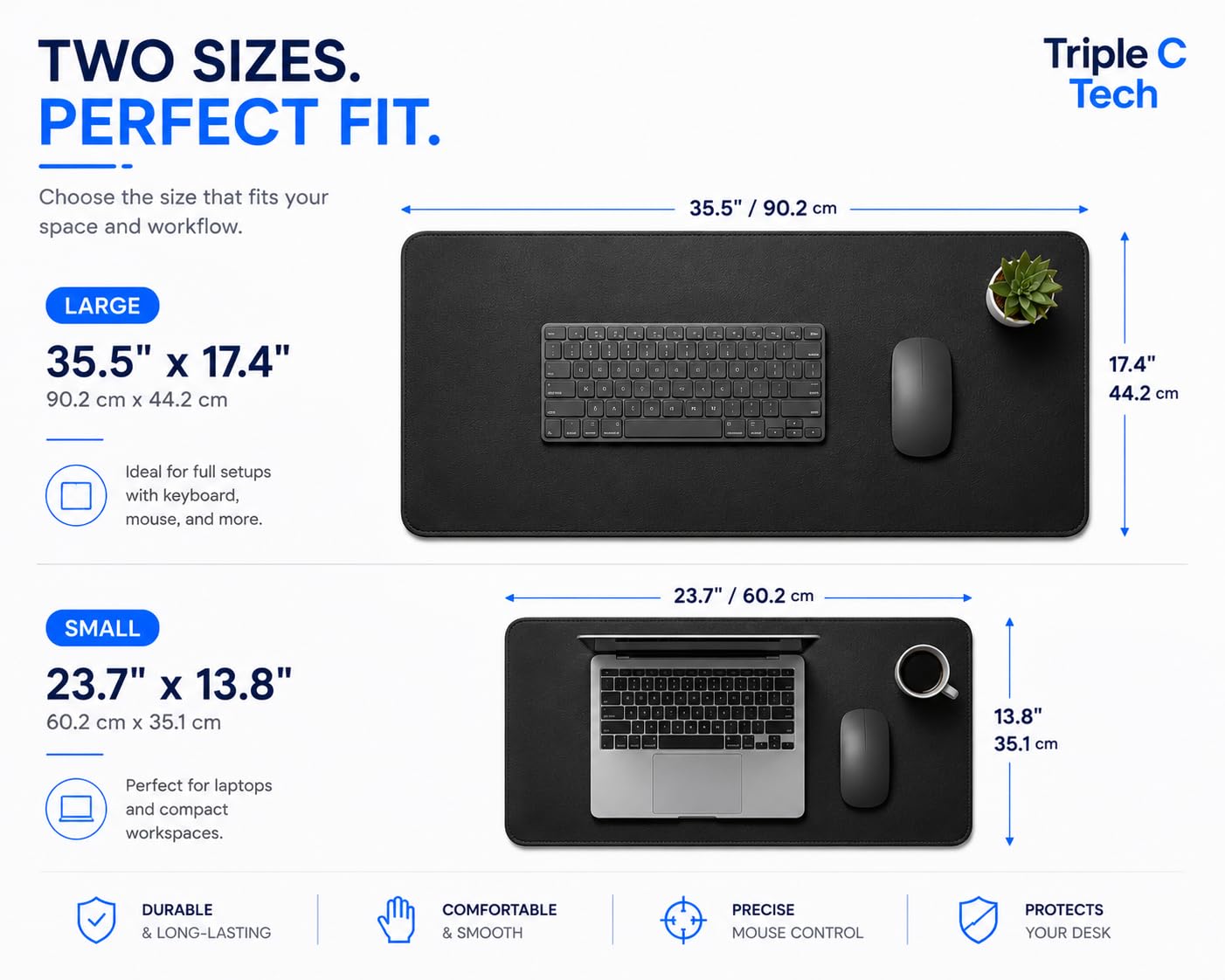Triple C Tech Waterproof PU Leather Desk Mat with Stitched Edges