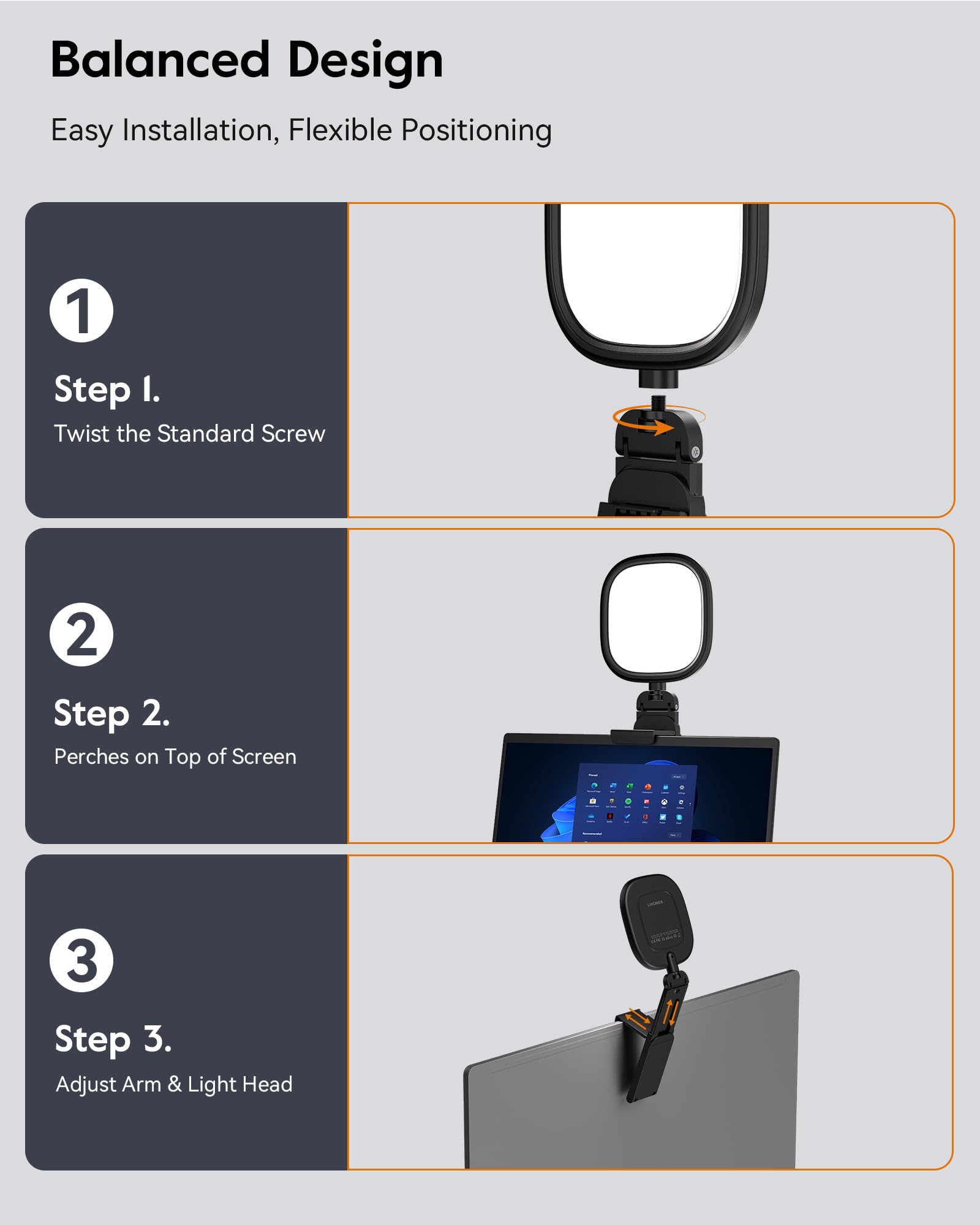 LitONES Webcam Ring Light with Screen-Safe Monitor Clip
