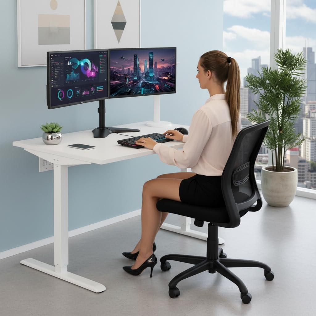 Mount-It! Dual Monitor Stand for Desk - Double Monitor Mount for 2 Screens up to 32 Inch and 17 Lbs - Free-Standing Base Swivel, Tilt, Rotates 360 Adjustable Arms - VESA Compatible High Grade Steel