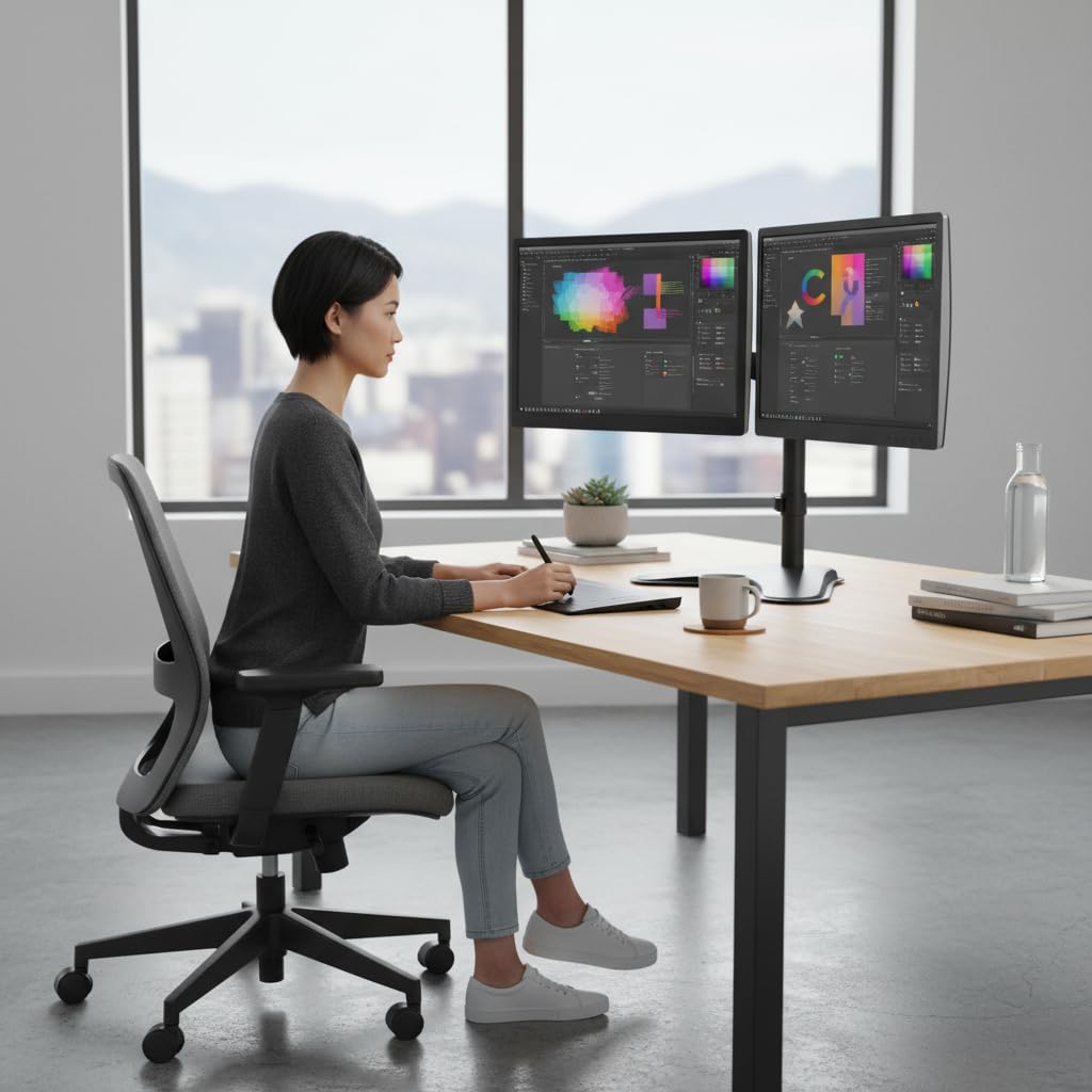 Mount-It! Dual Monitor Stand for Desk - Double Monitor Mount for 2 Screens up to 32 Inch and 17 Lbs - Free-Standing Base Swivel, Tilt, Rotates 360 Adjustable Arms - VESA Compatible High Grade Steel