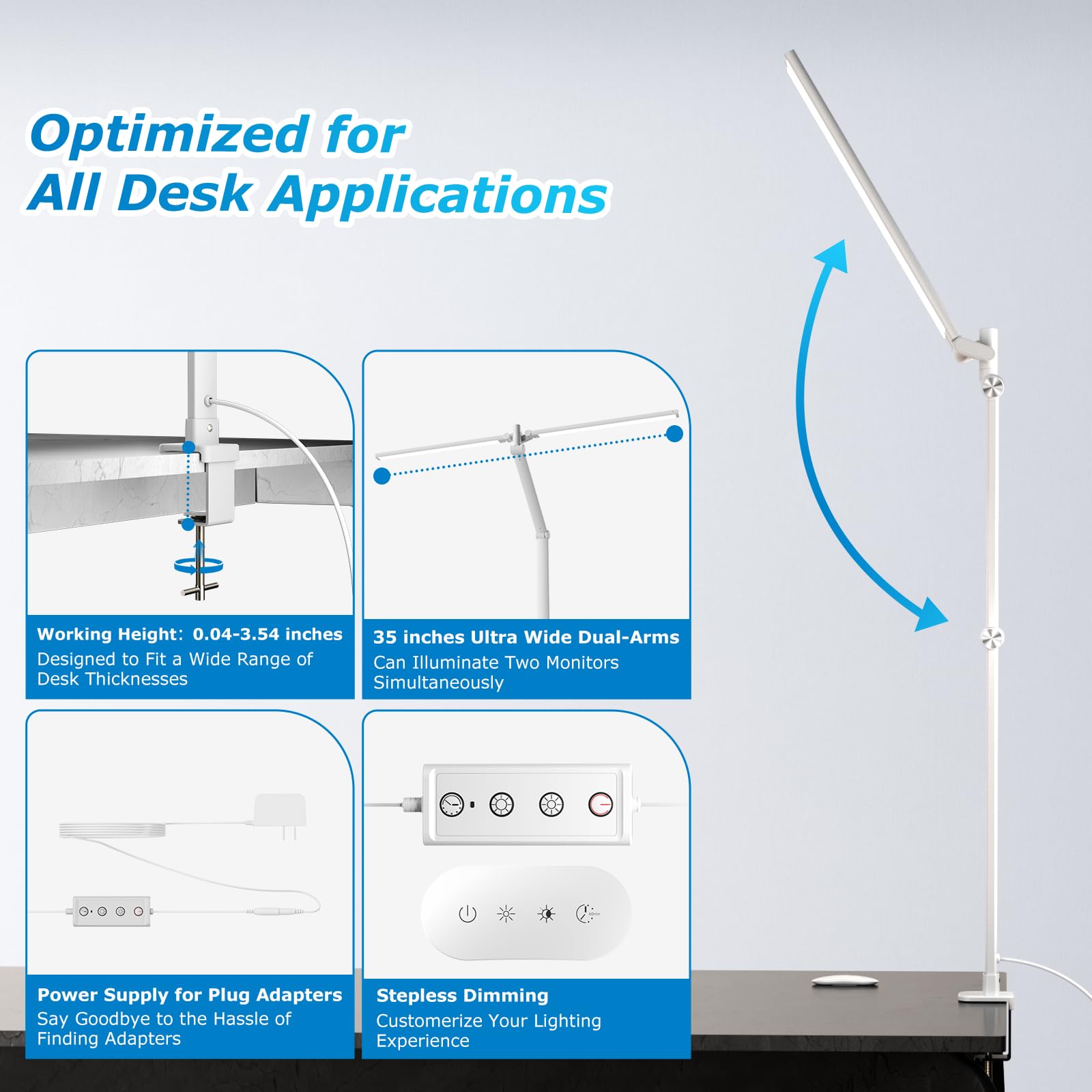 Airlonv 17-Inch LED Clamp Desk Lamp with Stepless Dimming