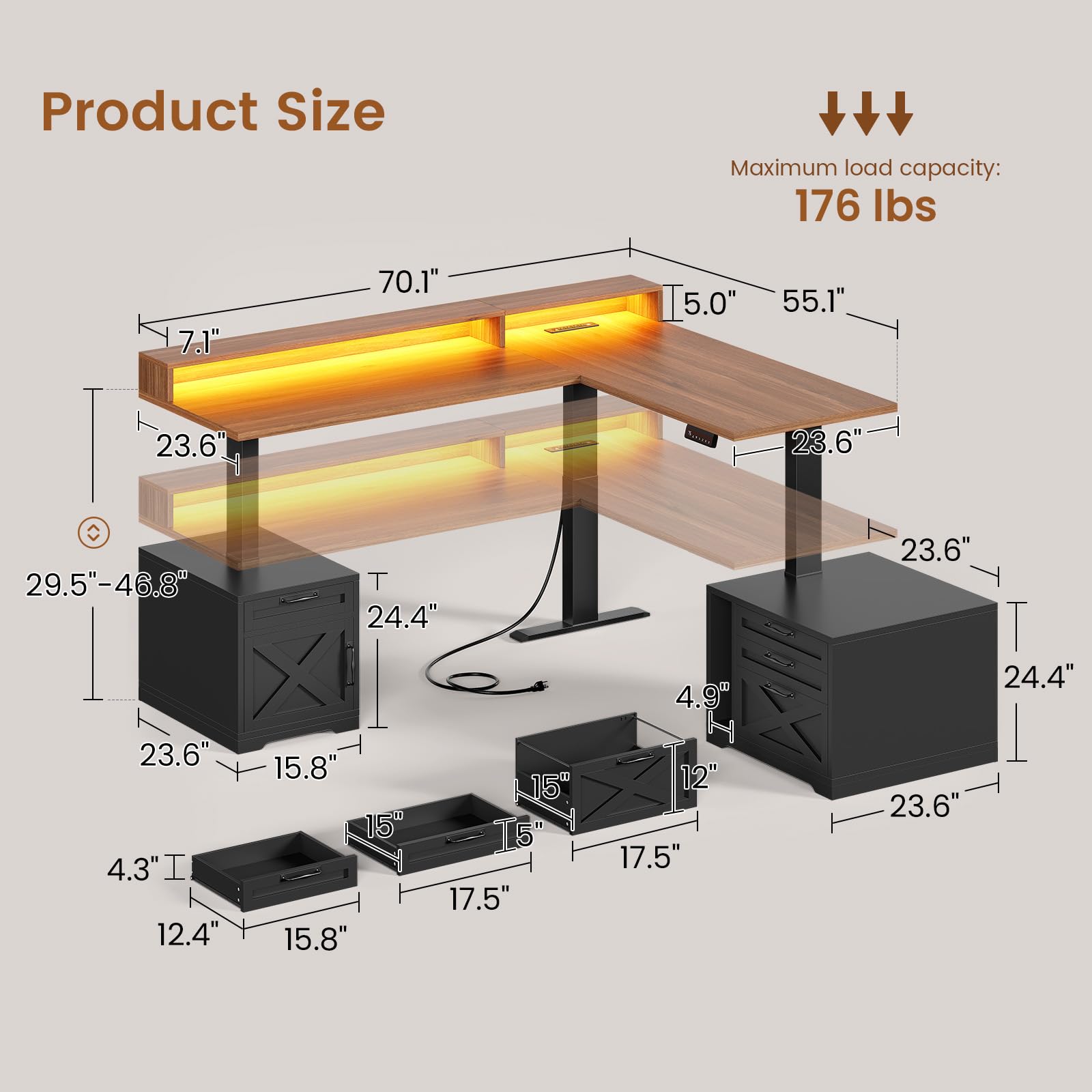 SEDETA Farmhouse L Shaped Standing Desk, 70.1" x 73.2" Height Adjustable Home Office Executive Desk with Drawers, Power Outlet, Monitor Stand, Sit Stand Table with Led Lights for Home Office, Black