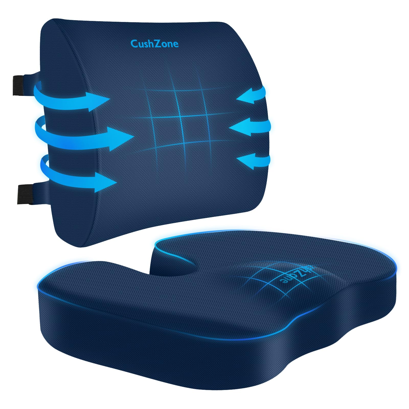 CushZone Ergonomic Seat Cushion & Lumbar Support Pillow - Memory Foam for Sciatica Pain Relief & Posture Correction, Non-Slip Chair Cushions for Office Chair/Car/Travel