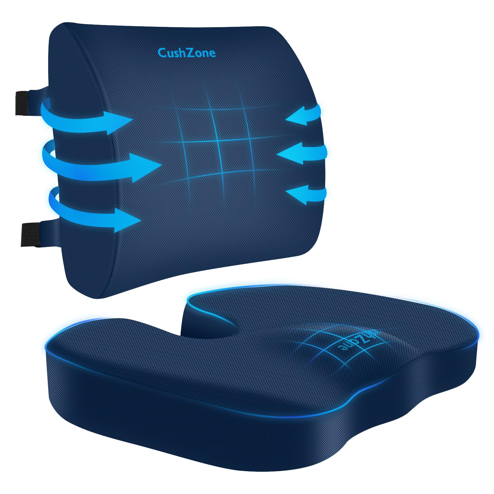 CushZone Ergonomic Seat Cushion & Lumbar Support Pillow - Memory Foam for Sciatica Pain Relief & Posture Correction, Non-Slip Chair Cushions for Office Chair/Car/Travel