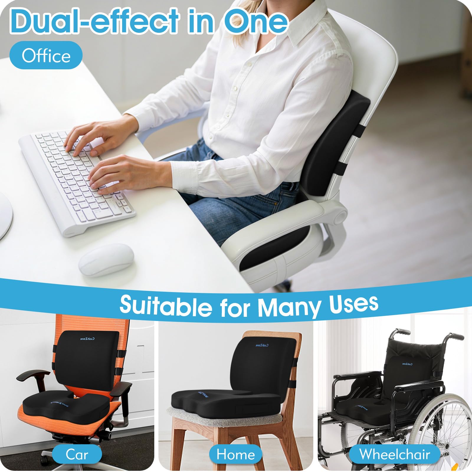 CushZone Ergonomic Seat Cushion & Lumbar Support Pillow - Memory Foam for Sciatica Pain Relief & Posture Correction, Non-Slip Chair Cushions for Office Chair/Car/Travel