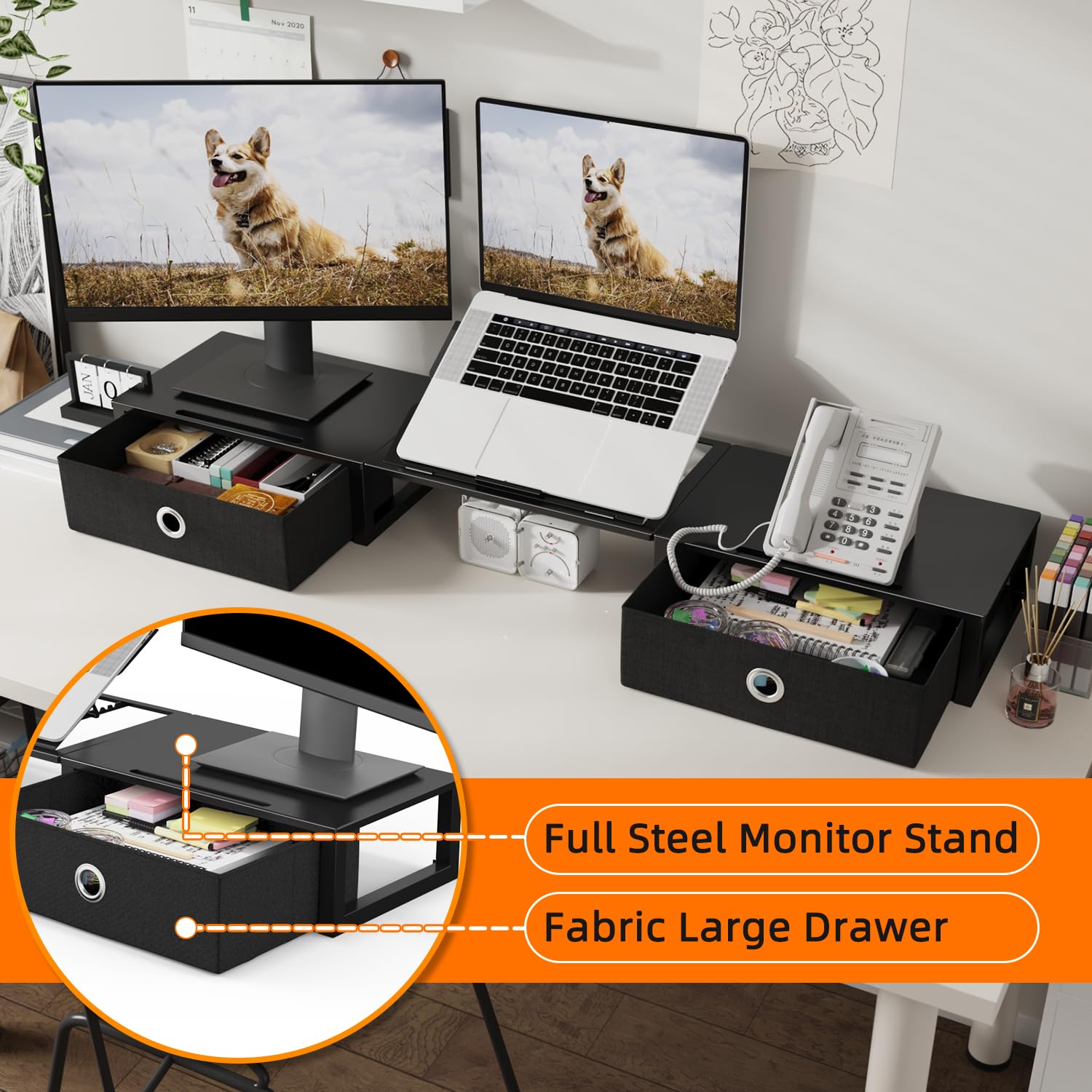 WESTREE Dual Monitor Stand Riser with Laptop Stand & Drawer