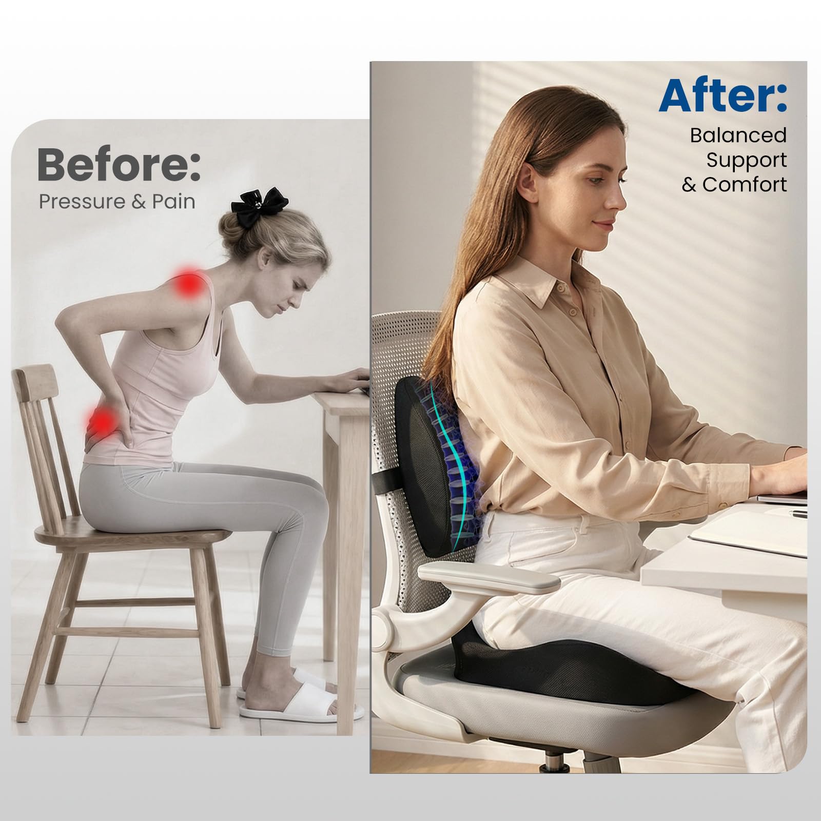 Seat Cushion Lumbar Support Pillow for Office Chair, X Large Memory Foam Chair Cushions for Sciatica Tailbone Pain Relief Coccyx Pad for Wheelchair, Car, Home, Office, Desk