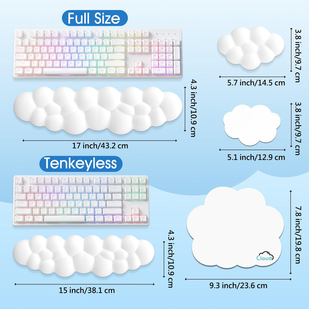 Retuhapy Cloud Wrist Rest Keyboard Cushion, 4-in-1 Ergonomic Cloud Keyboard Wrist Rest and Mouse Pad Set with Memory Foam Arm Support for Palm, Cute Desk Accessory for PC Gaming Setup