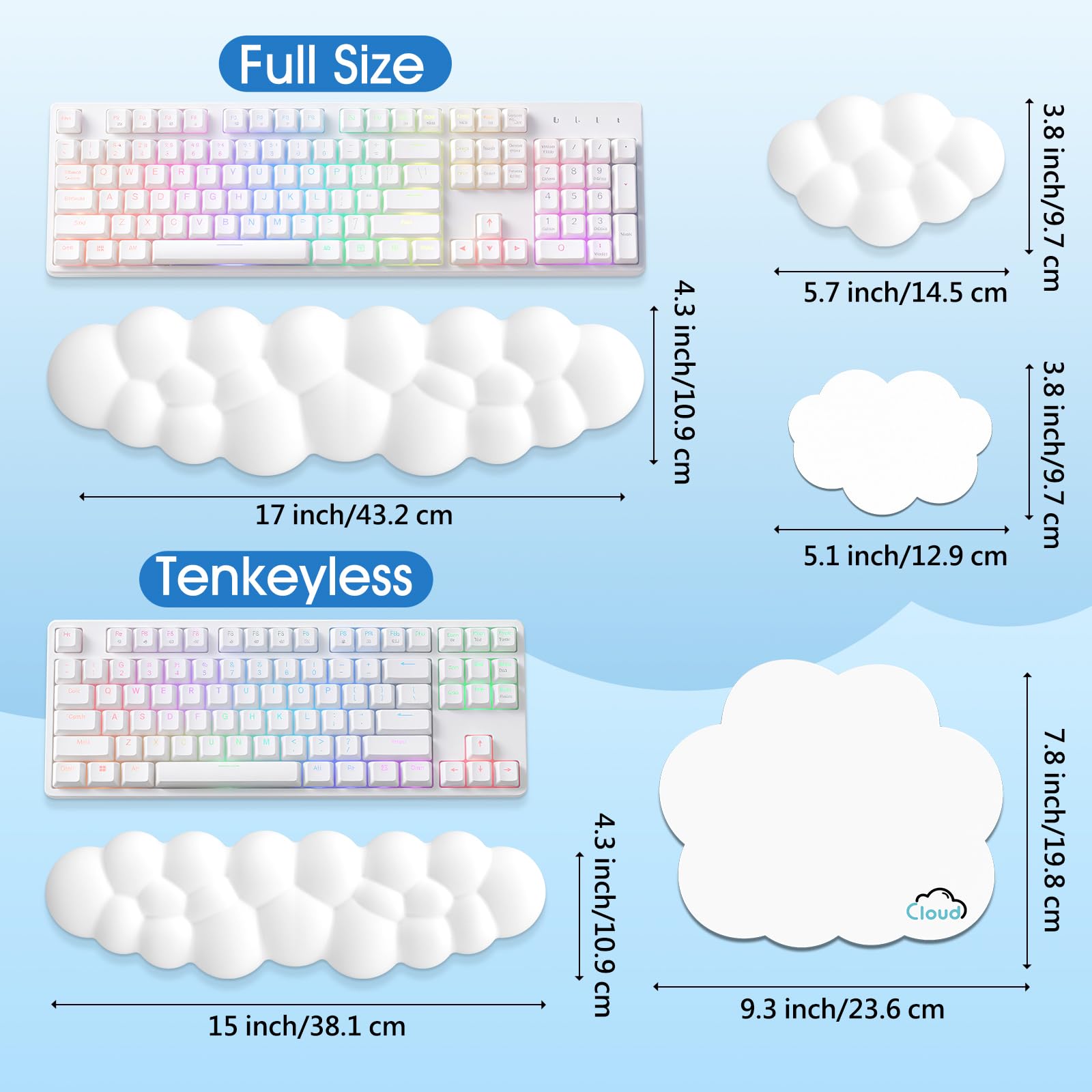 Retuhapy Cloud Wrist Rest Keyboard Cushion, 4-in-1 Ergonomic Cloud Keyboard Wrist Rest and Mouse Pad Set with Memory Foam Arm Support for Palm, Cute Desk Accessory for PC Gaming Setup