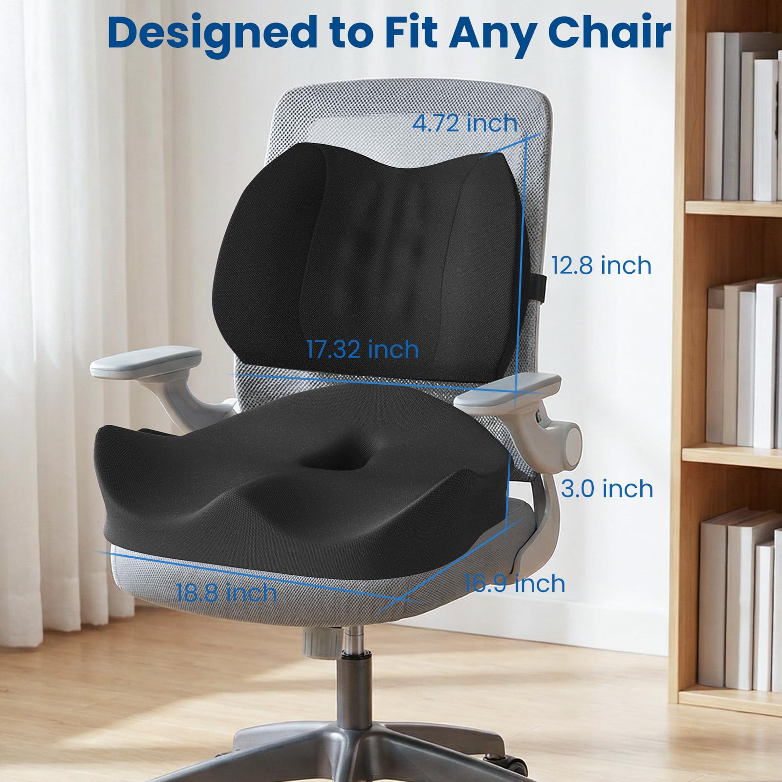 Seat Cushion Lumbar Support Pillow for Office Chair, X Large Memory Foam Chair Cushions for Sciatica Tailbone Pain Relief Coccyx Pad for Wheelchair, Car, Home, Office, Desk