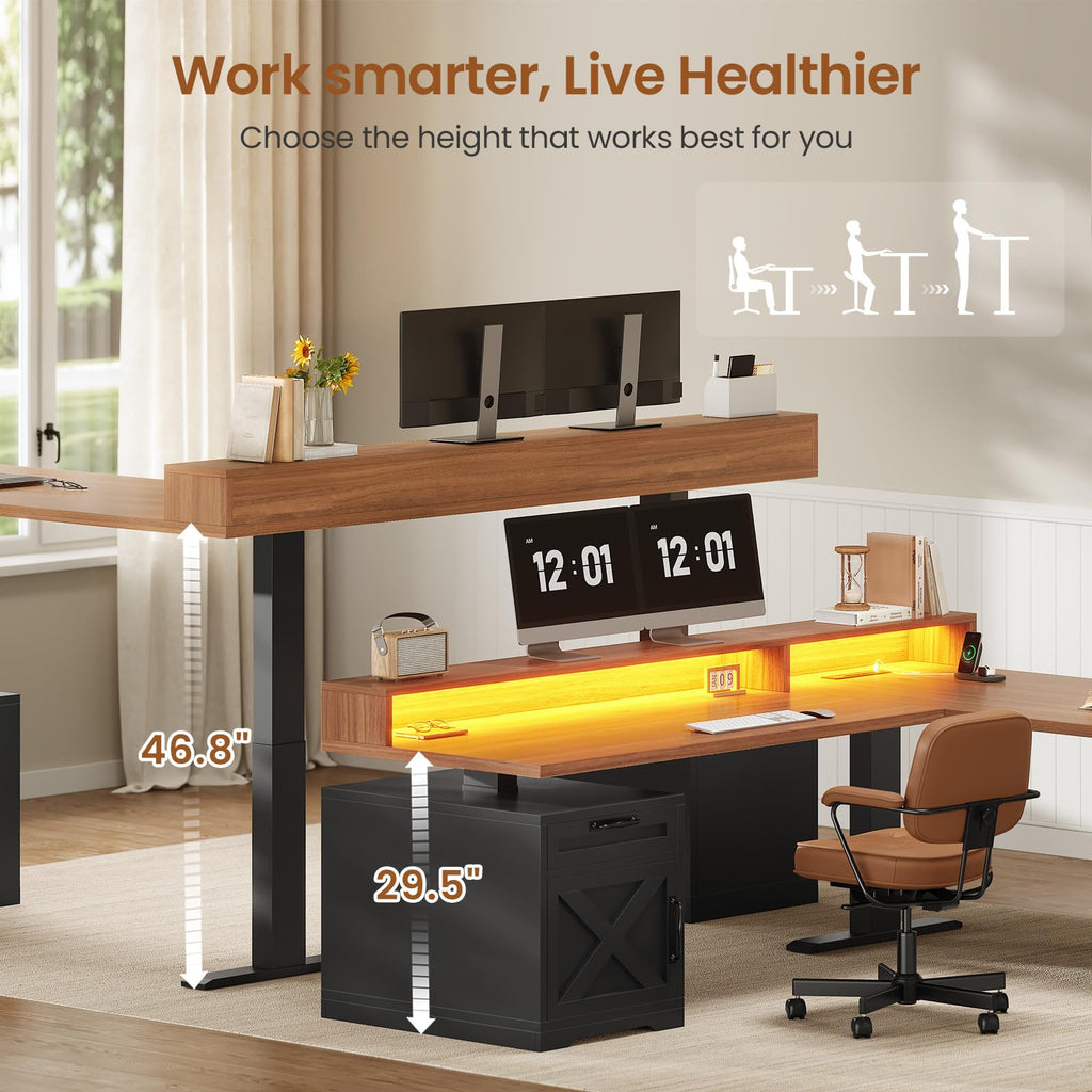 SEDETA Farmhouse L Shaped Standing Desk, 70.1" x 73.2" Height Adjustable Home Office Executive Desk with Drawers, Power Outlet, Monitor Stand, Sit Stand Table with Led Lights for Home Office, Black