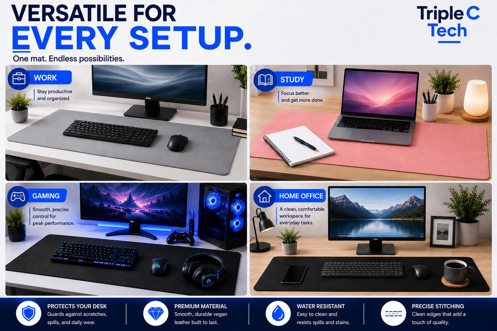 Triple C Tech Waterproof PU Leather Desk Mat with Stitched Edges