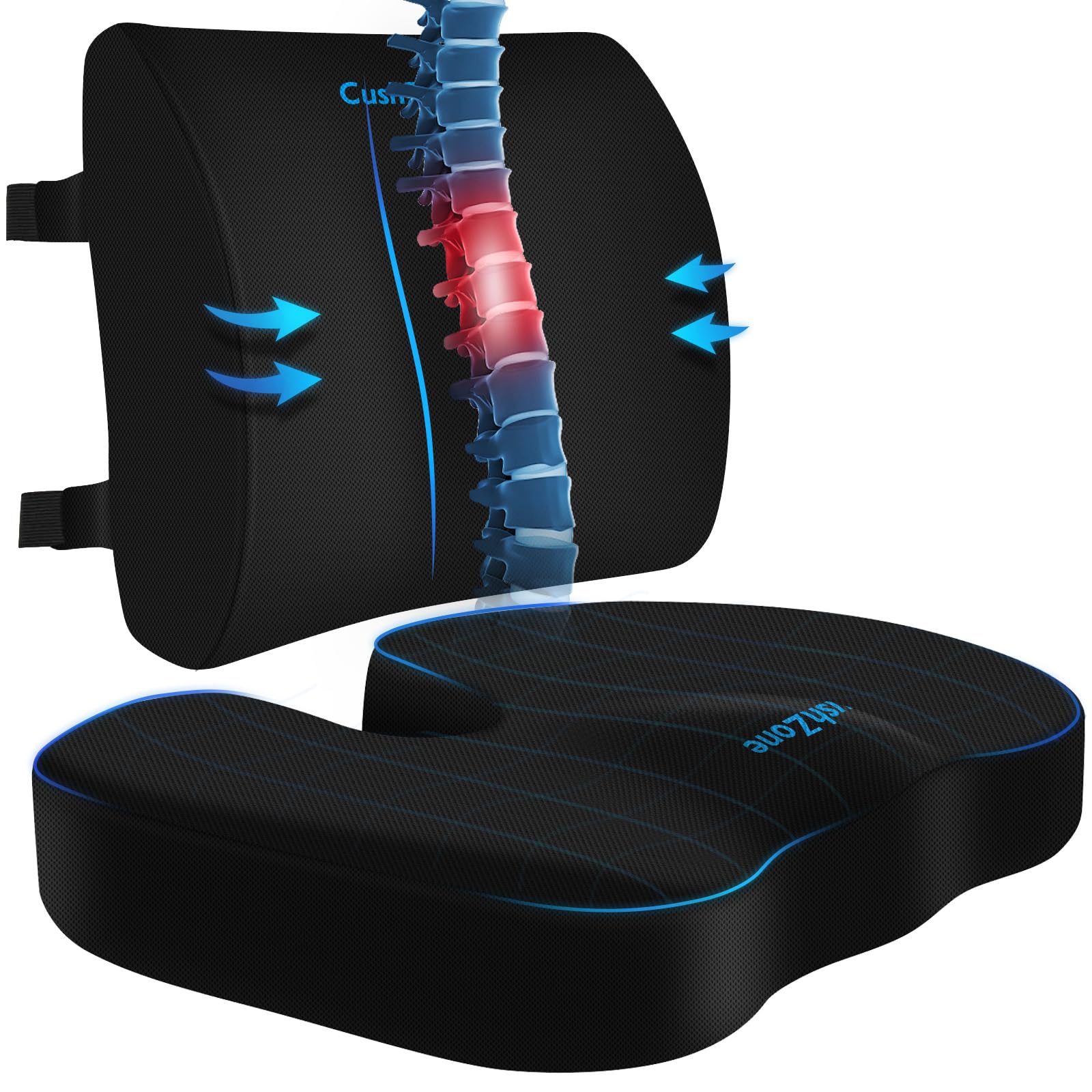 CushZone Ergonomic Seat Cushion & Lumbar Support Pillow - Memory Foam for Sciatica Pain Relief & Posture Correction, Non-Slip Chair Cushions for Office Chair/Car/Travel