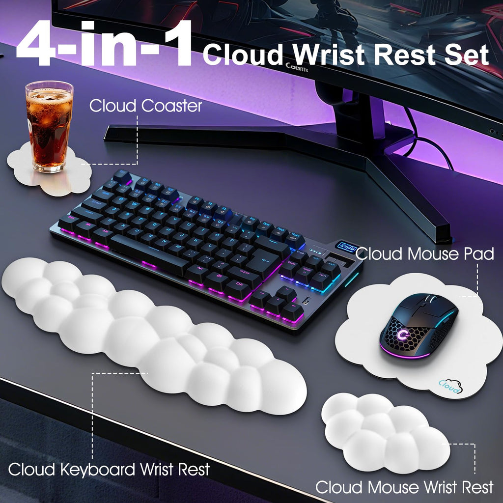 Retuhapy Cloud Wrist Rest Keyboard Cushion, 4-in-1 Ergonomic Cloud Keyboard Wrist Rest and Mouse Pad Set with Memory Foam Arm Support for Palm, Cute Desk Accessory for PC Gaming Setup