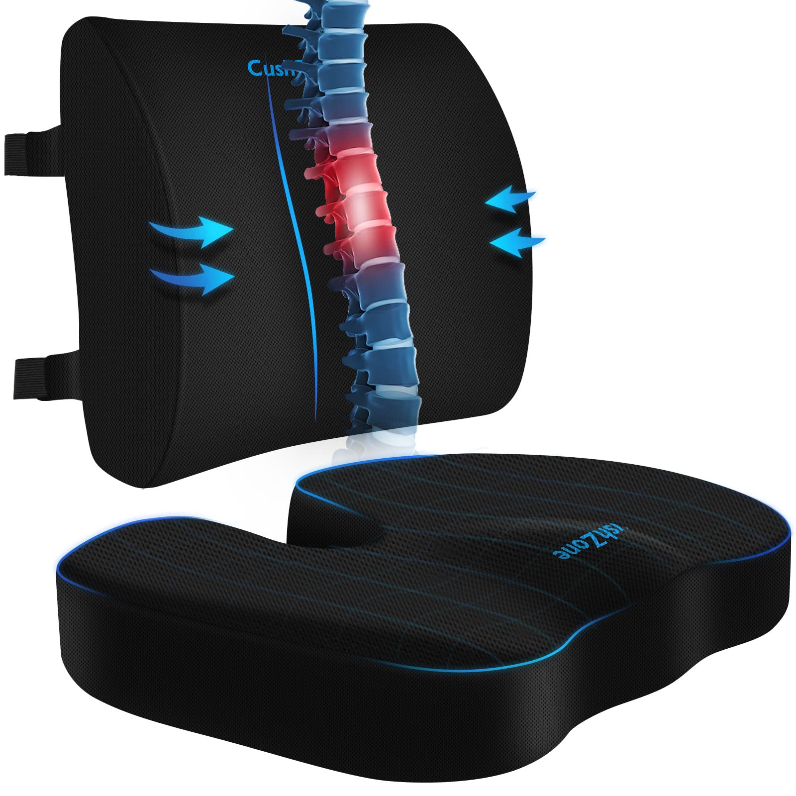 CushZone Ergonomic Seat Cushion & Lumbar Support Pillow - Memory Foam for Sciatica Pain Relief & Posture Correction, Non-Slip Chair Cushions for Office Chair/Car/Travel
