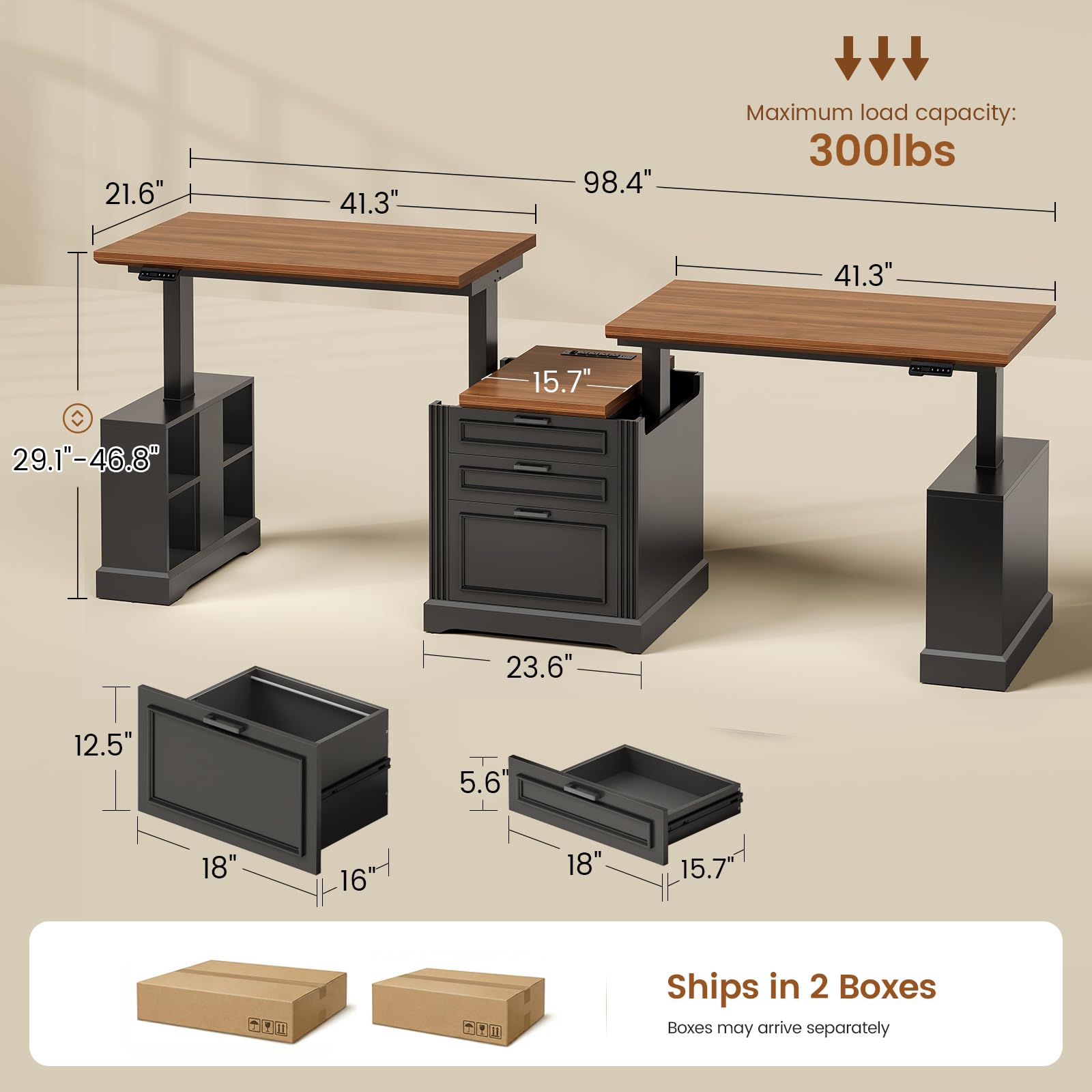 SEDETA Farmhouse Electric Standing Desk, 63" Height Adjustable Computer Desk with 3 Drawers, Storage Shelves, Power Outlets, Wood Home Office Stand up Desk for Work, Study, Writing