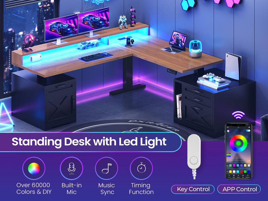 SEDETA Farmhouse L Shaped Standing Desk, 70.1" x 73.2" Height Adjustable Home Office Executive Desk with Drawers, Power Outlet, Monitor Stand, Sit Stand Table with Led Lights for Home Office, Black