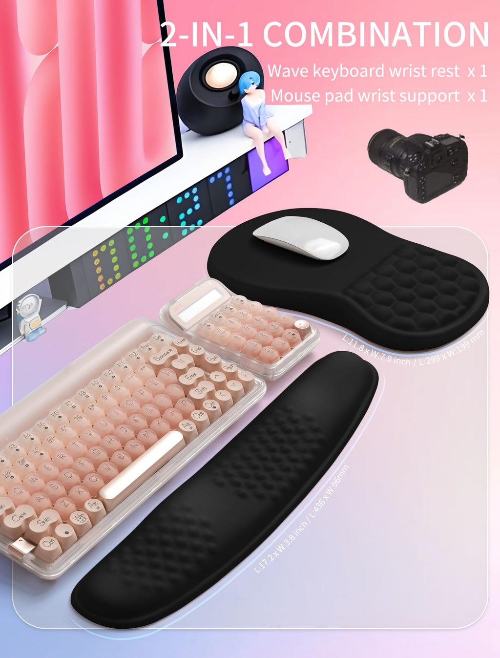 Hokafenle 2in1 Combination, Wave Keyboard Wrist Rest and Ergonomic Curvature Mouse Pad Wrist Support for Relieve Wrist Pain, Filled with Soft Cushion Memory Foam
