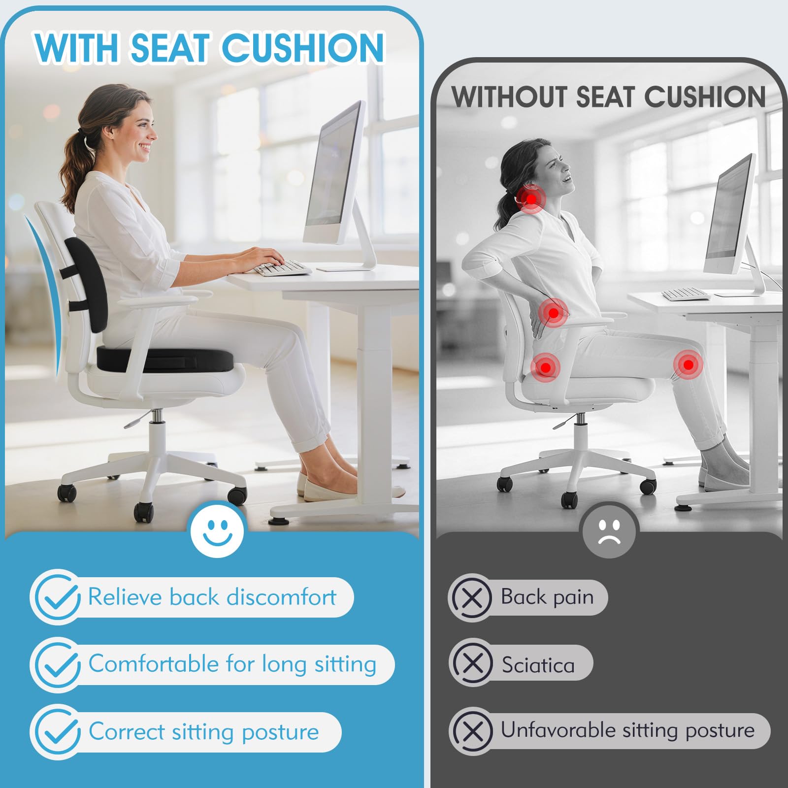 CushZone Ergonomic Seat Cushion & Lumbar Support Pillow - Memory Foam for Sciatica Pain Relief & Posture Correction, Non-Slip Chair Cushions for Office Chair/Car/Travel