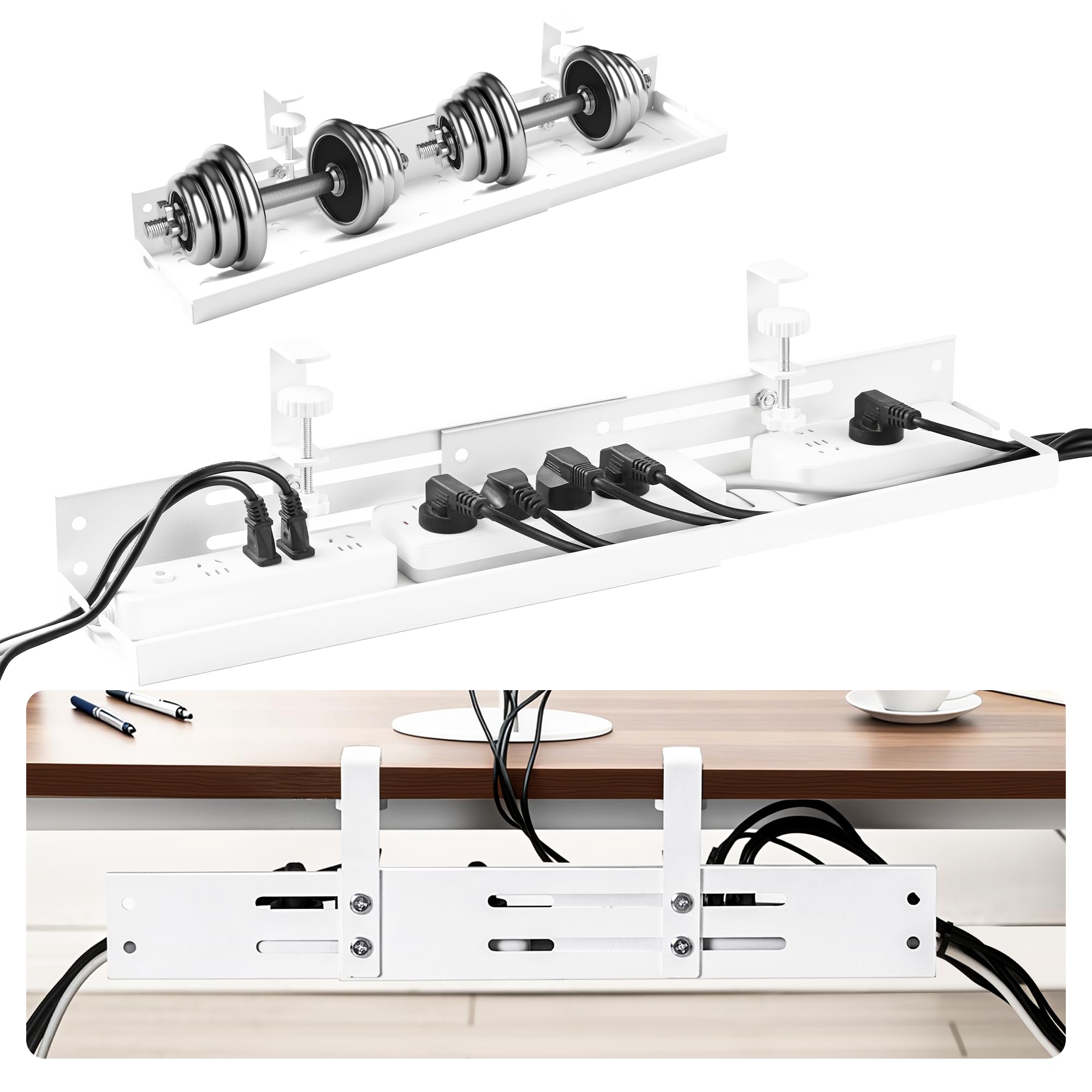 No-Drill Under-Desk Cable Management Tray with Clamp Mount