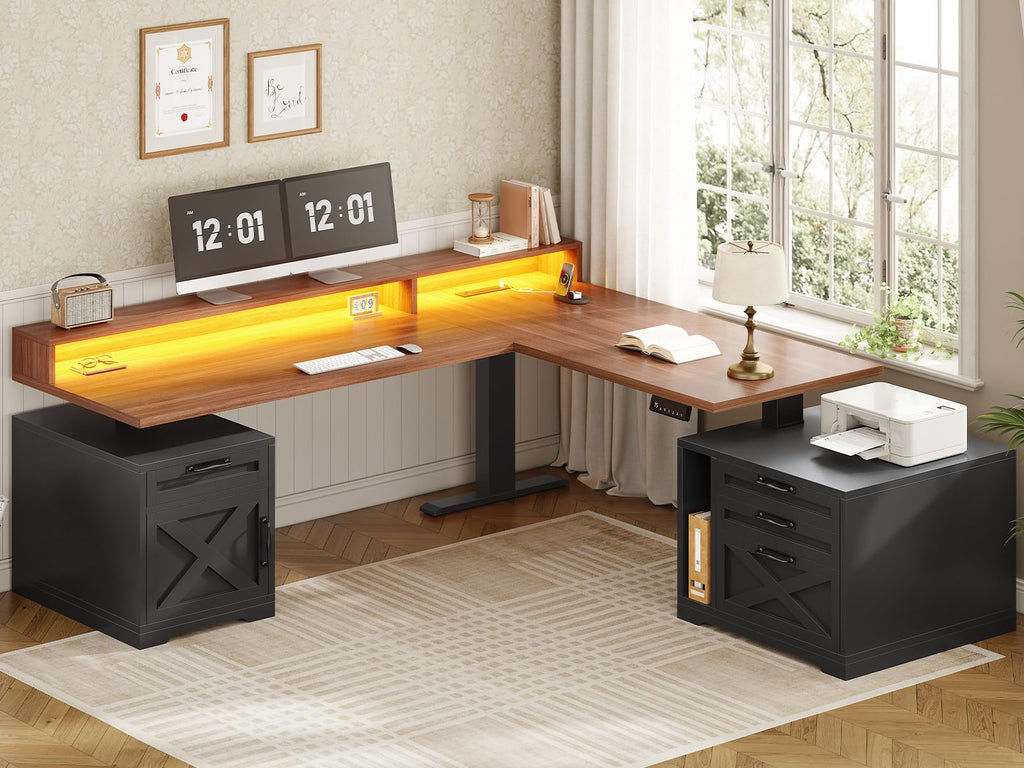 SEDETA Farmhouse L Shaped Standing Desk, 70.1" x 73.2" Height Adjustable Home Office Executive Desk with Drawers, Power Outlet, Monitor Stand, Sit Stand Table with Led Lights for Home Office, Black