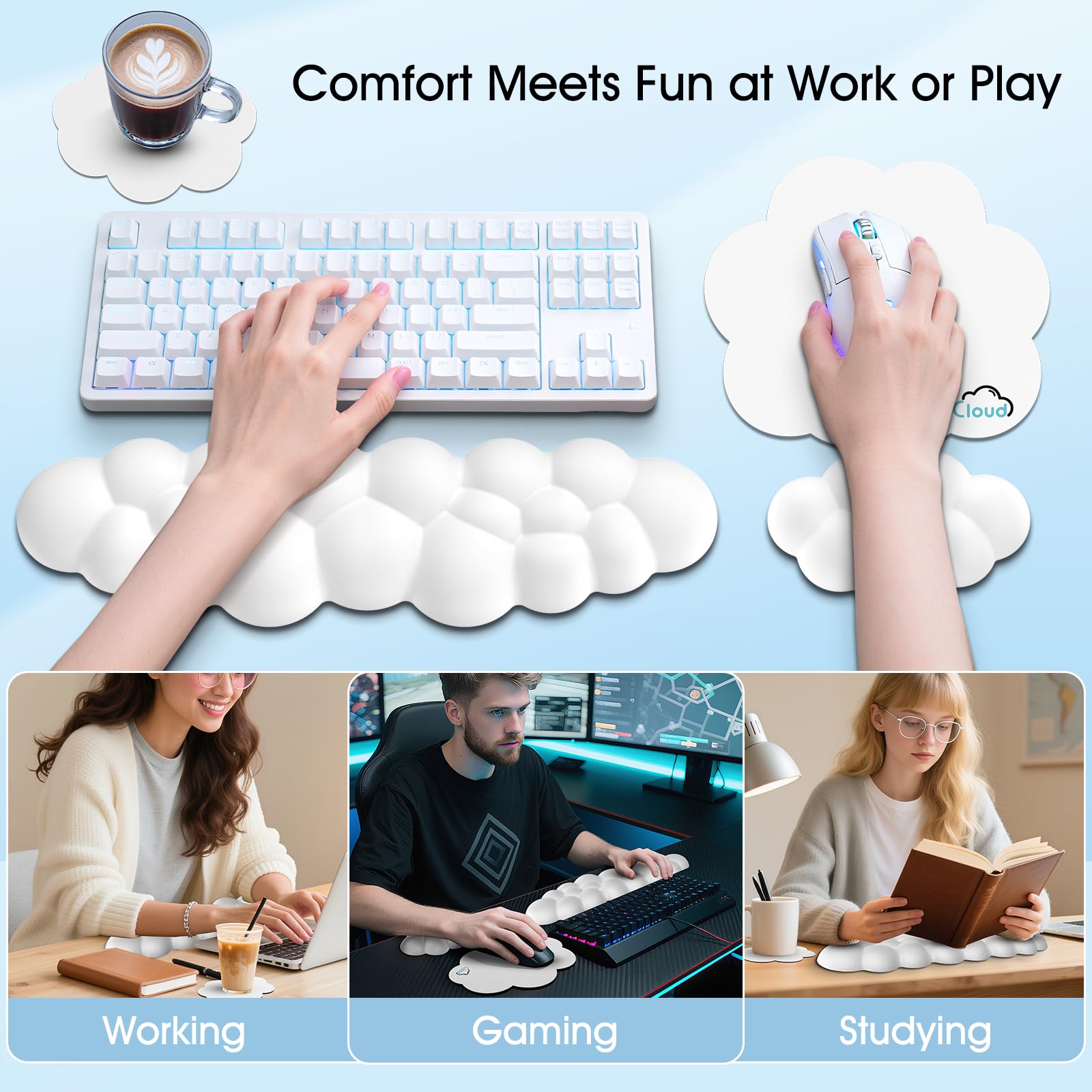 Retuhapy Cloud Wrist Rest Keyboard Cushion, 4-in-1 Ergonomic Cloud Keyboard Wrist Rest and Mouse Pad Set with Memory Foam Arm Support for Palm, Cute Desk Accessory for PC Gaming Setup
