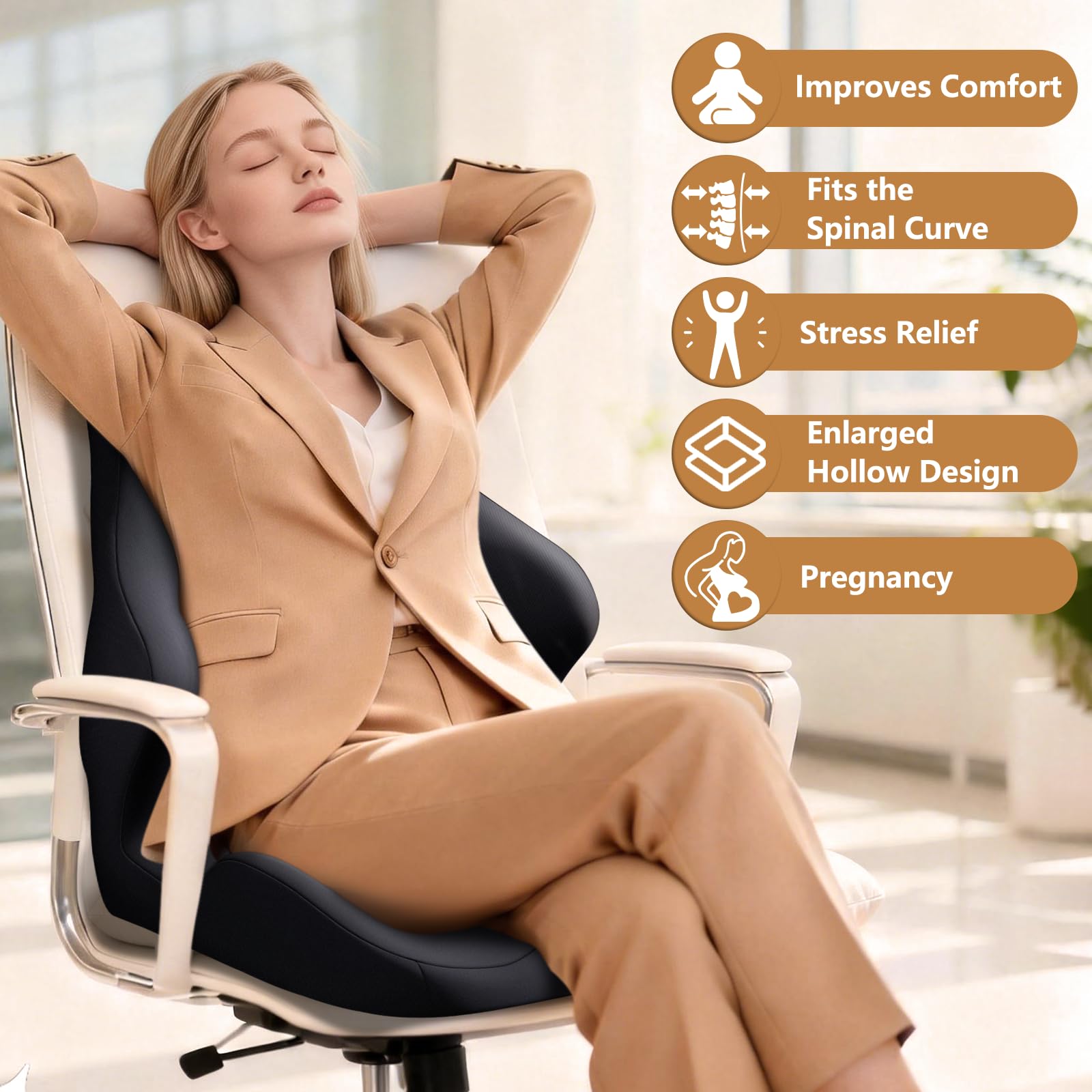 Seat Cushion with Back Support,Lumbar Support Pillow for Office Chair,office chair cushion for Sciatica and Hemorrhoid Relief,Tailbone Pain，Memory Foam Seat Cushion with L-Shaped Ergonomic Design
