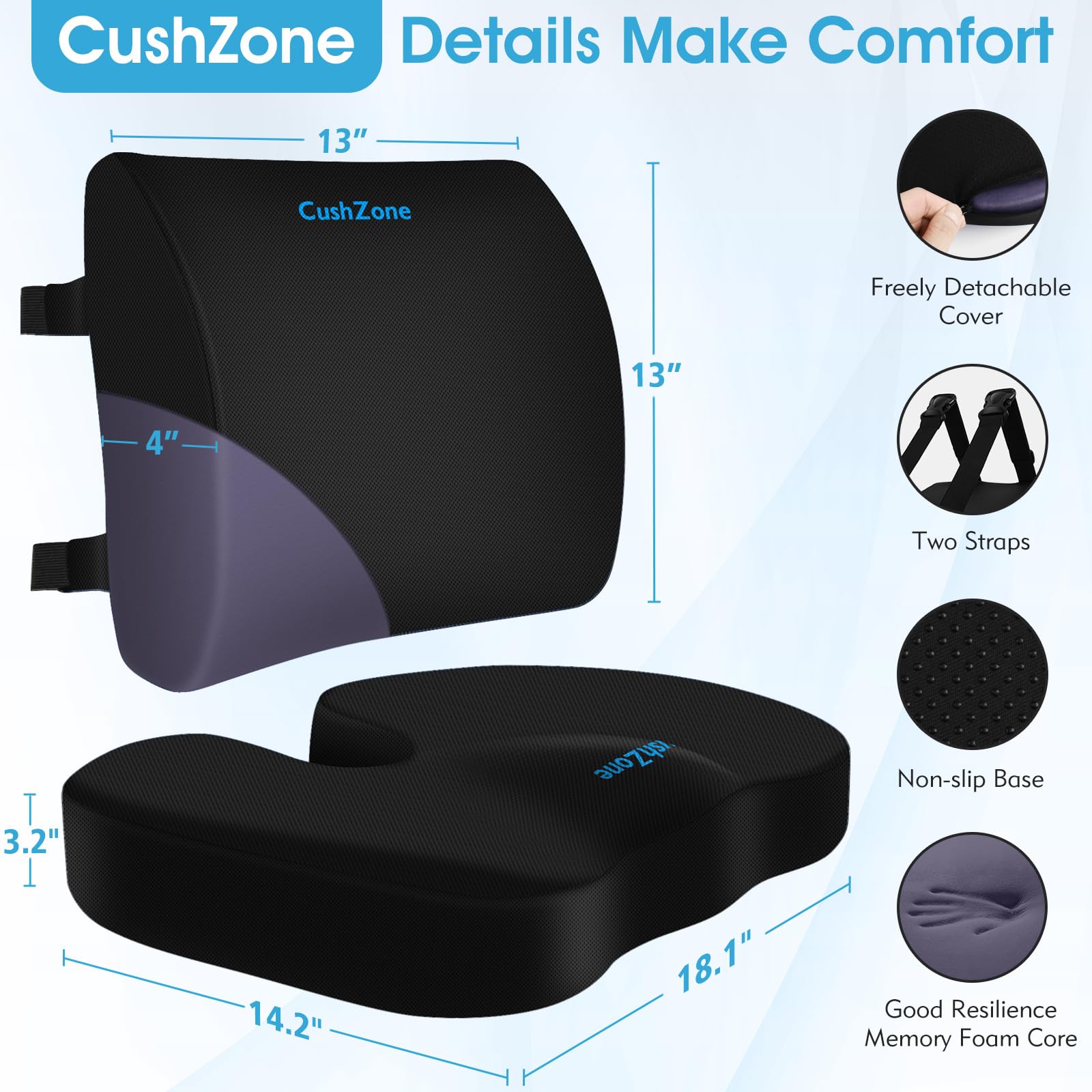 CushZone Ergonomic Seat Cushion & Lumbar Support Pillow - Memory Foam for Sciatica Pain Relief & Posture Correction, Non-Slip Chair Cushions for Office Chair/Car/Travel