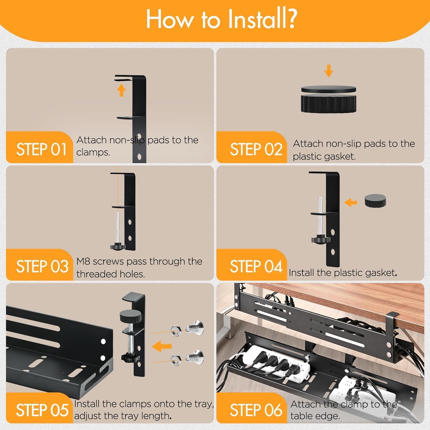 No-Drill Under-Desk Cable Management Tray with Clamp Mount