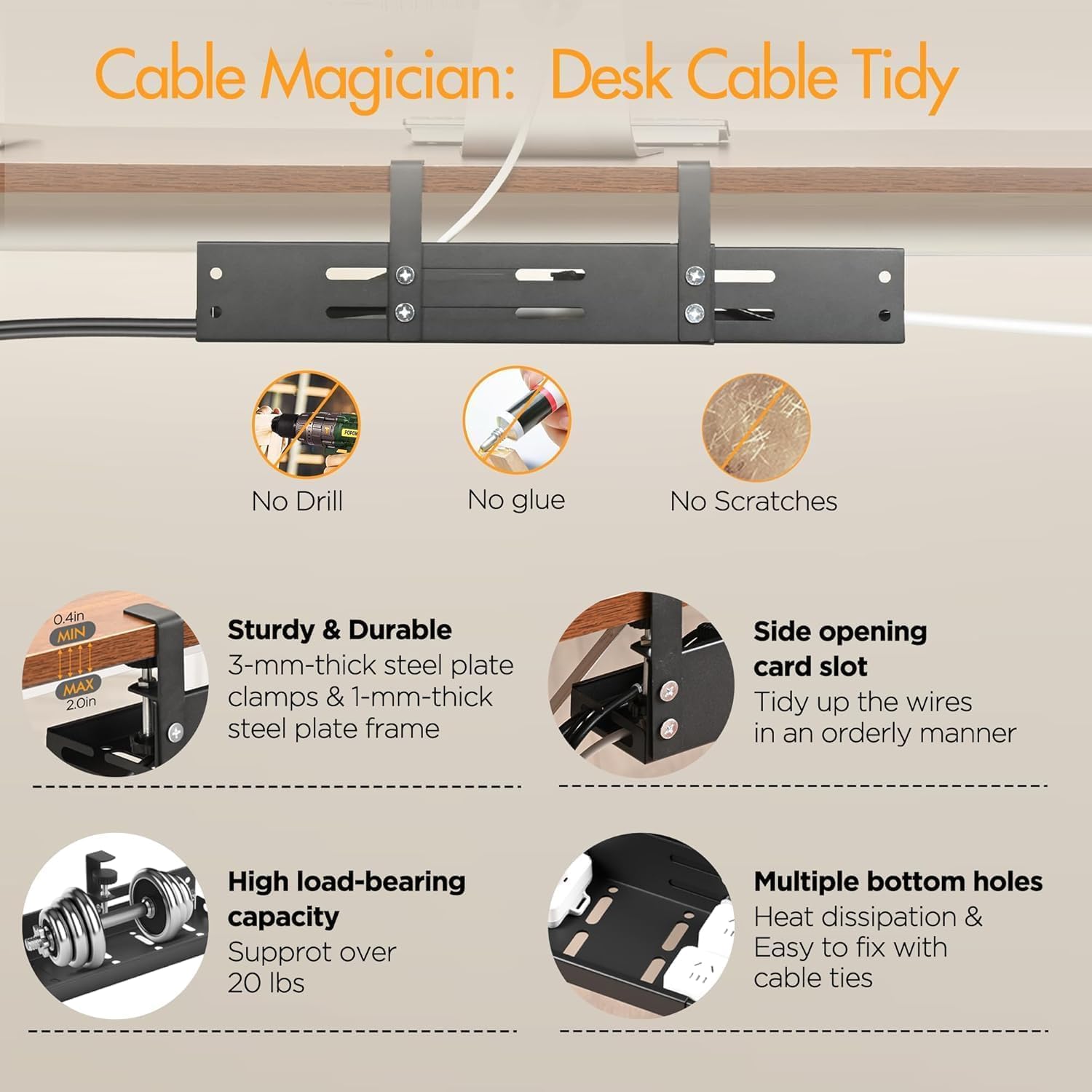 No-Drill Under-Desk Cable Management Tray with Clamp Mount