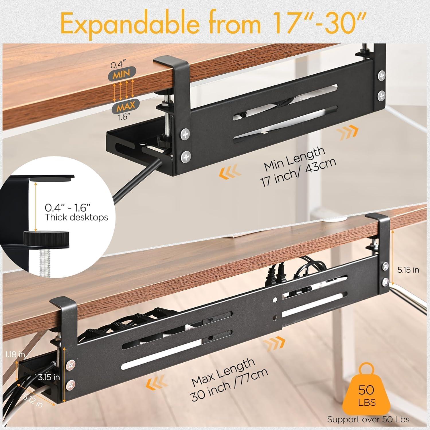 No-Drill Under-Desk Cable Management Tray with Clamp Mount