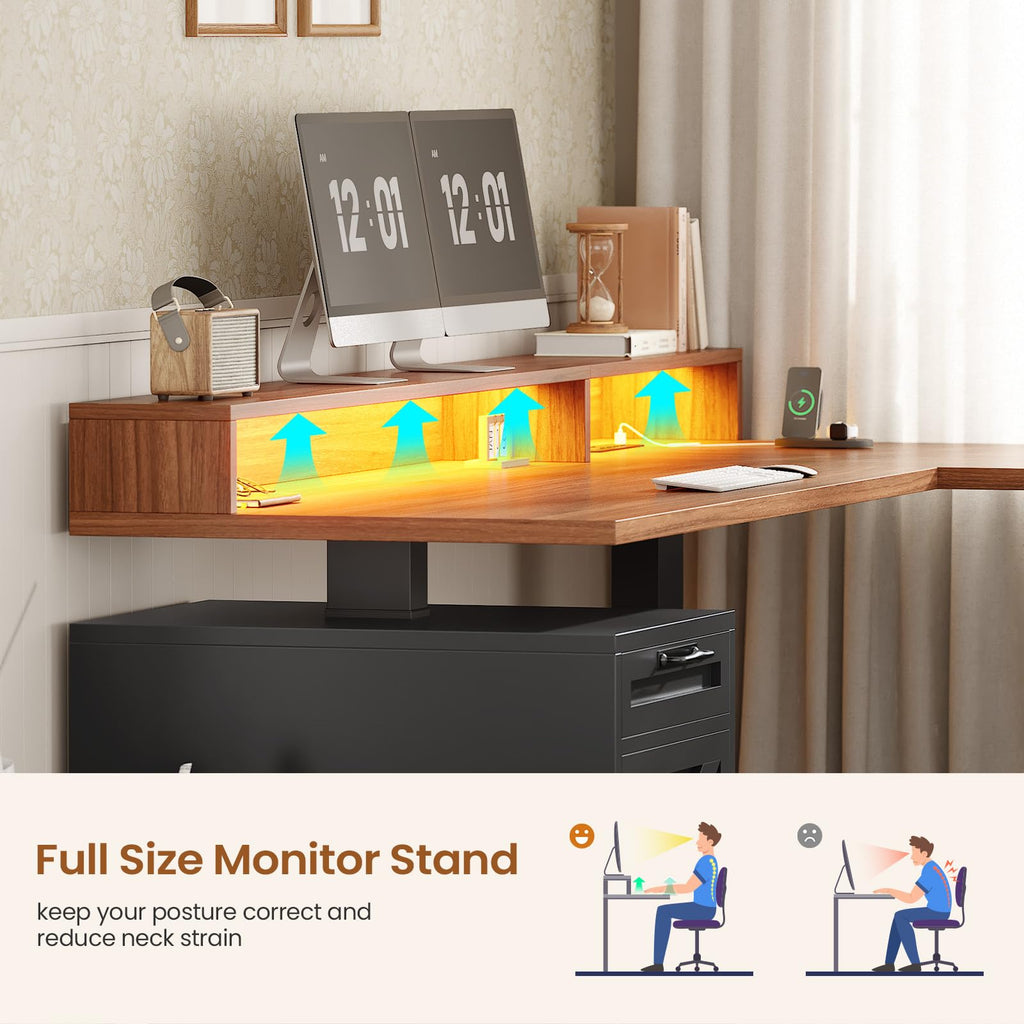 SEDETA Farmhouse L Shaped Standing Desk, 70.1" x 73.2" Height Adjustable Home Office Executive Desk with Drawers, Power Outlet, Monitor Stand, Sit Stand Table with Led Lights for Home Office, Black