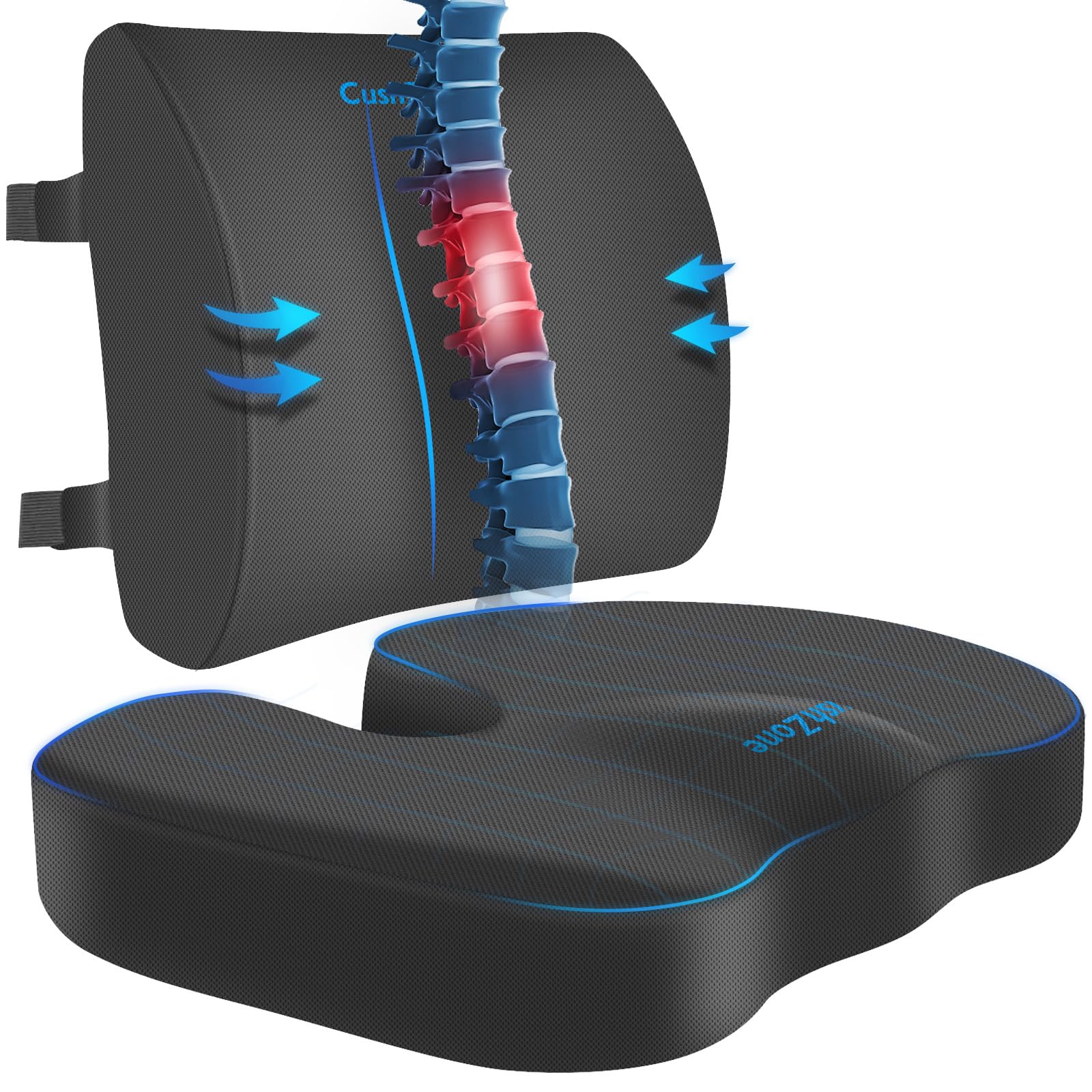 CushZone Ergonomic Seat Cushion & Lumbar Support Pillow - Memory Foam for Sciatica Pain Relief & Posture Correction, Non-Slip Chair Cushions for Office Chair/Car/Travel