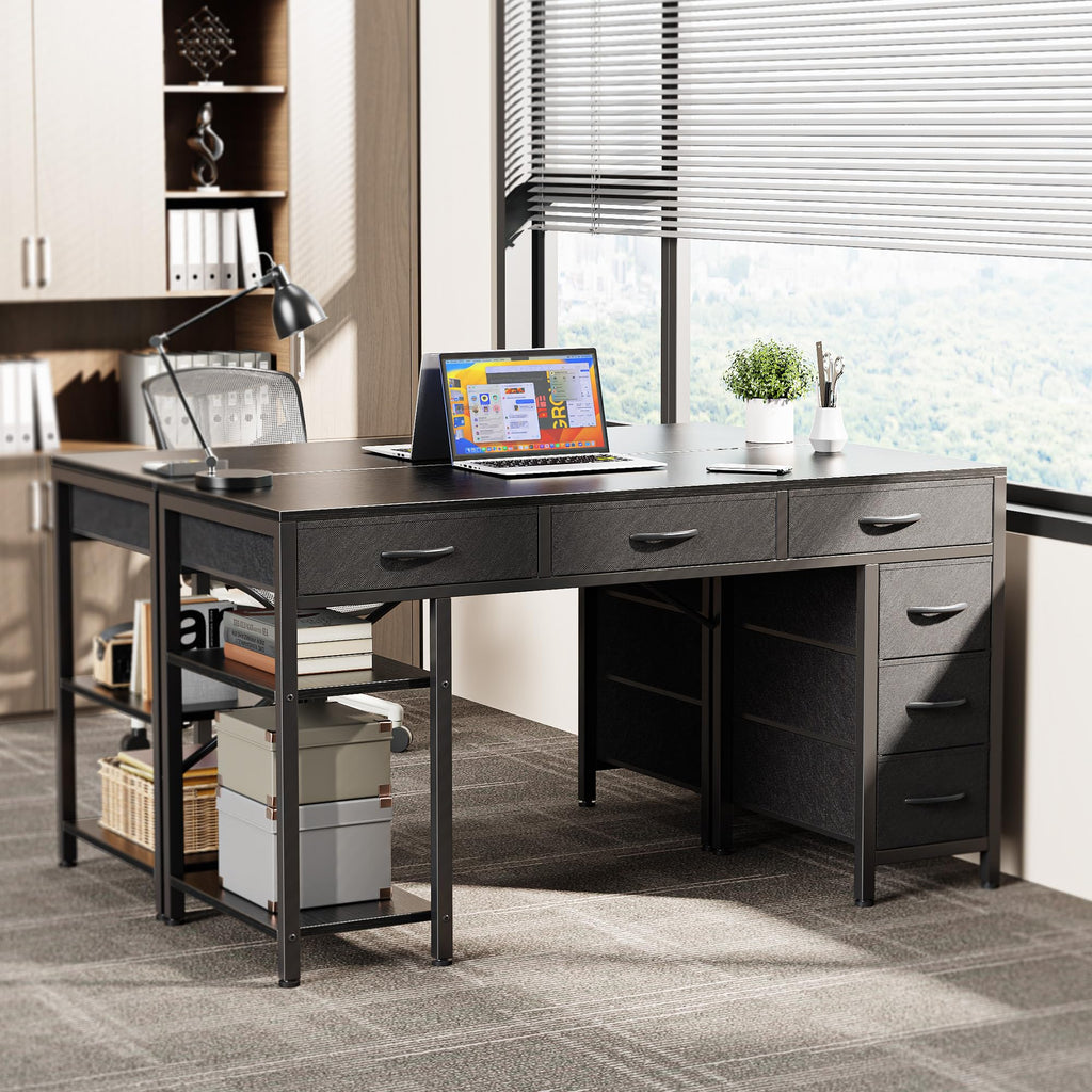 Huuger Computer Desk with 6 Drawers, Office Desk with Shelves, Reversible Gaming Desk, Corner Desk with Storage, Work for Home Office, Study, Living Room