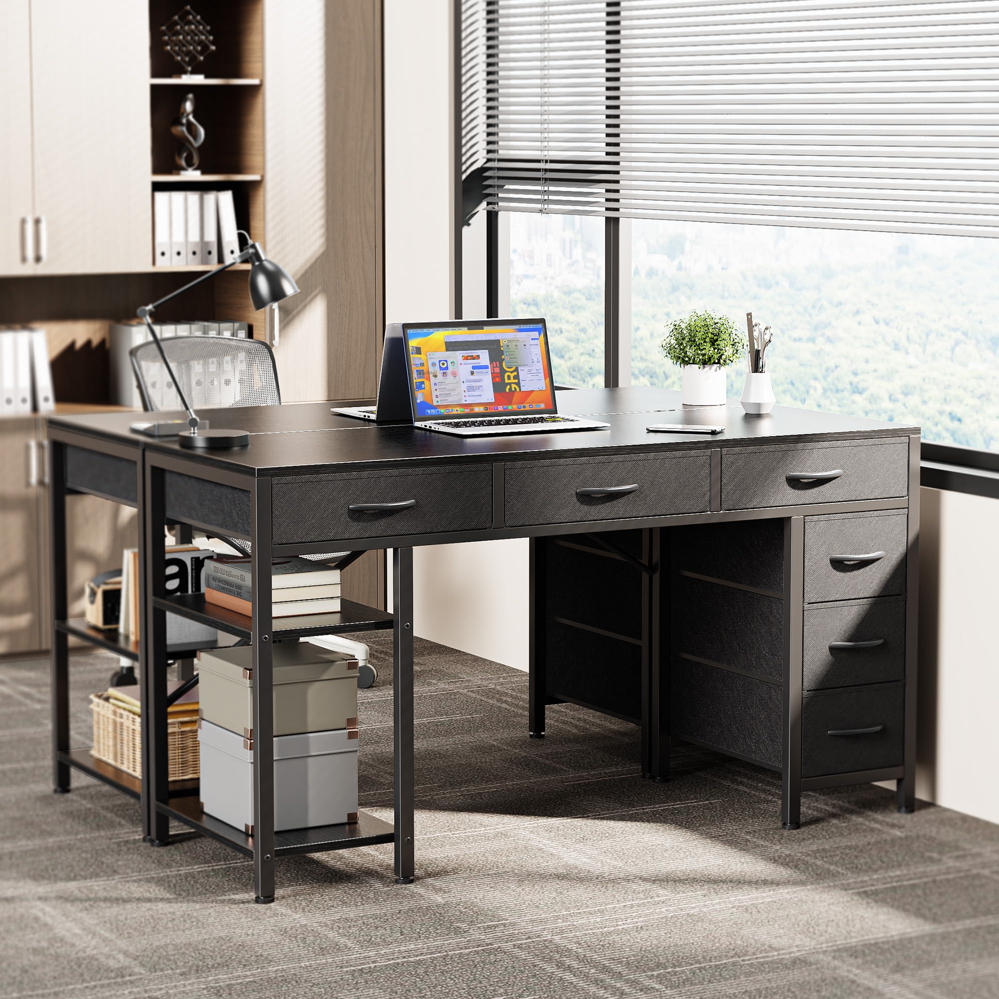 Huuger Computer Desk with 6 Drawers, Office Desk with Shelves, Reversible Gaming Desk, Corner Desk with Storage, Work for Home Office, Study, Living Room