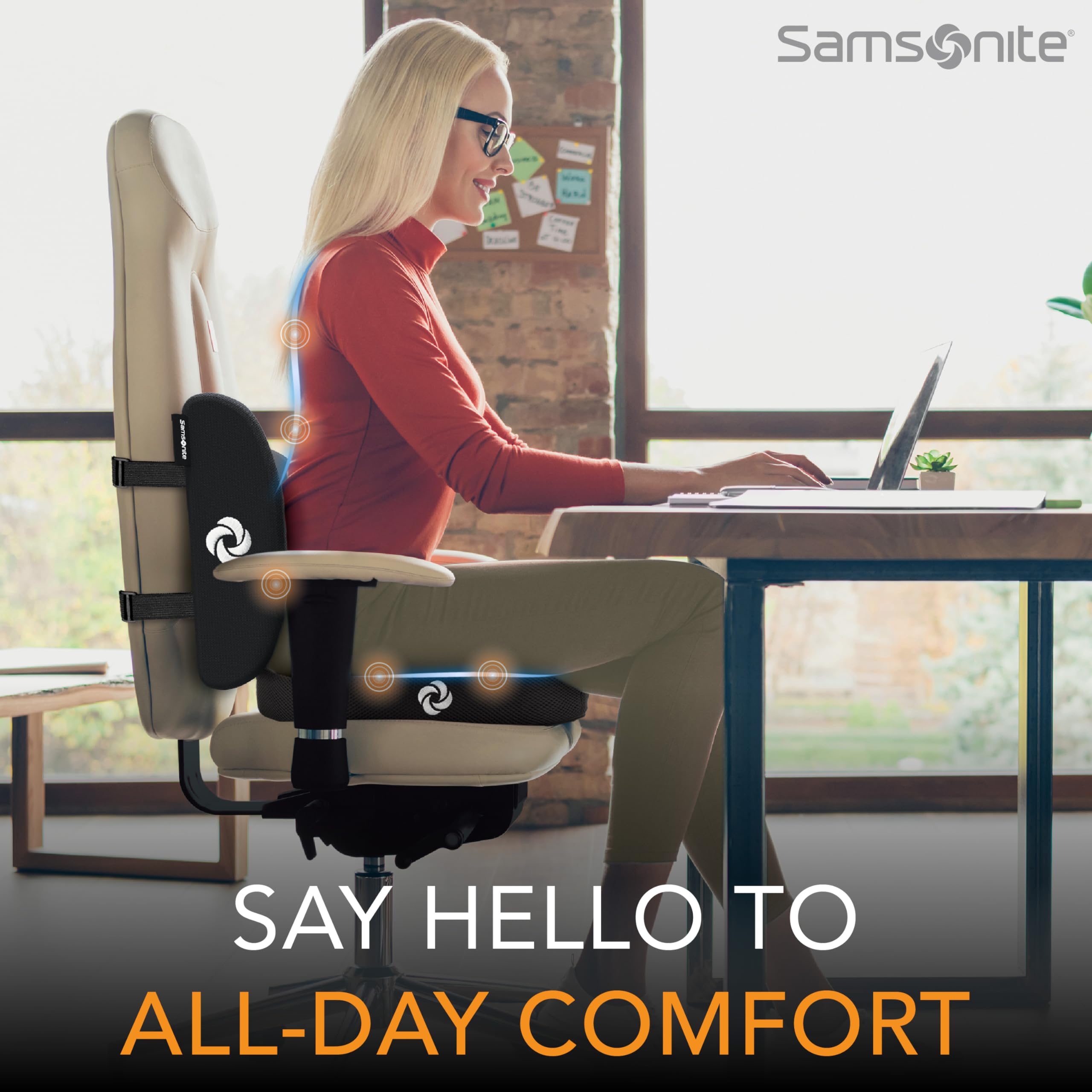Samsonite Lumbar Support Pillow for Office Chair and Car Seat, Perfectly Balanced Memory Foam, Versatile Use Lower Back Cushion