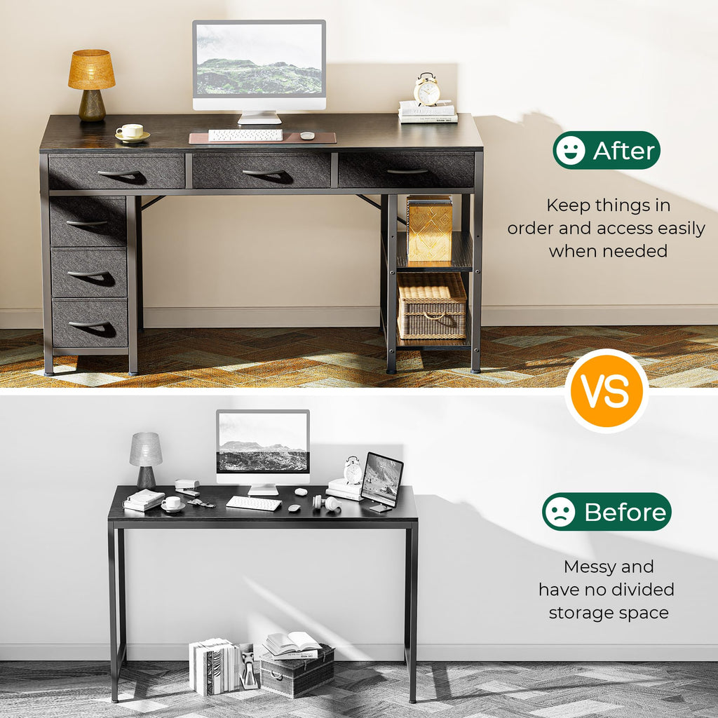 Huuger Computer Desk with 6 Drawers, Office Desk with Shelves, Reversible Gaming Desk, Corner Desk with Storage, Work for Home Office, Study, Living Room