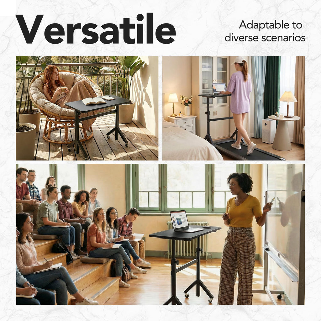 HUANUO Portable Standing Desk Adjustable Height, Mobile Stand Up Desk for Walking Pad and Treadmill, Rolling Computer Table with Wheels, 31.5"x15.75" Height 28"-46"