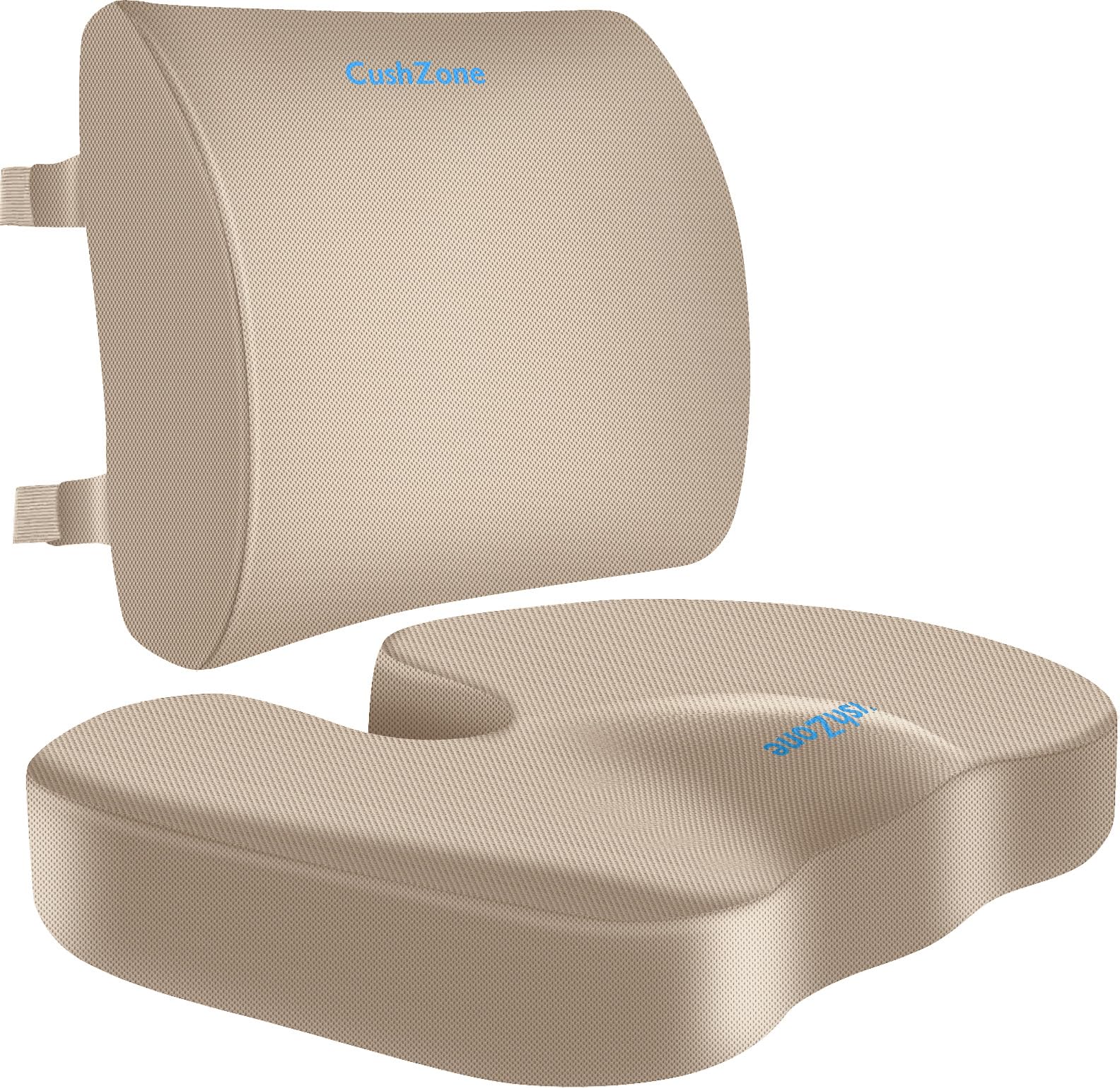 CushZone Ergonomic Seat Cushion & Lumbar Support Pillow - Memory Foam for Sciatica Pain Relief & Posture Correction, Non-Slip Chair Cushions for Office Chair/Car/Travel