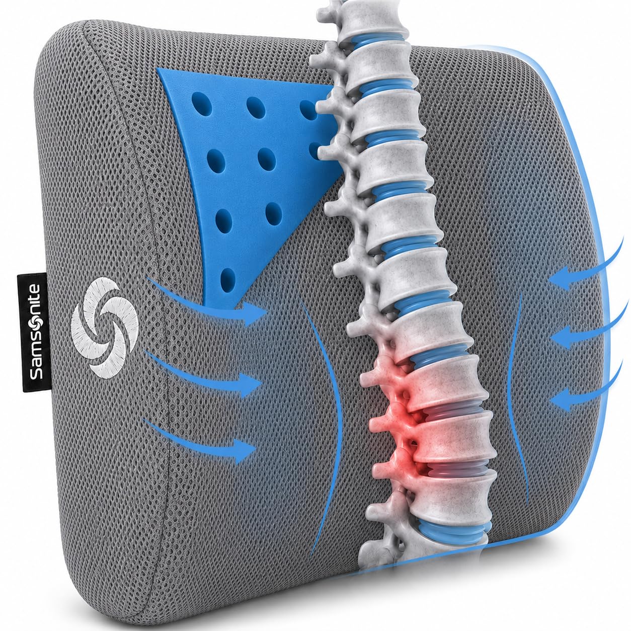 Samsonite Lumbar Support Pillow for Office Chair and Car Seat, Perfectly Balanced Memory Foam, Versatile Use Lower Back Cushion