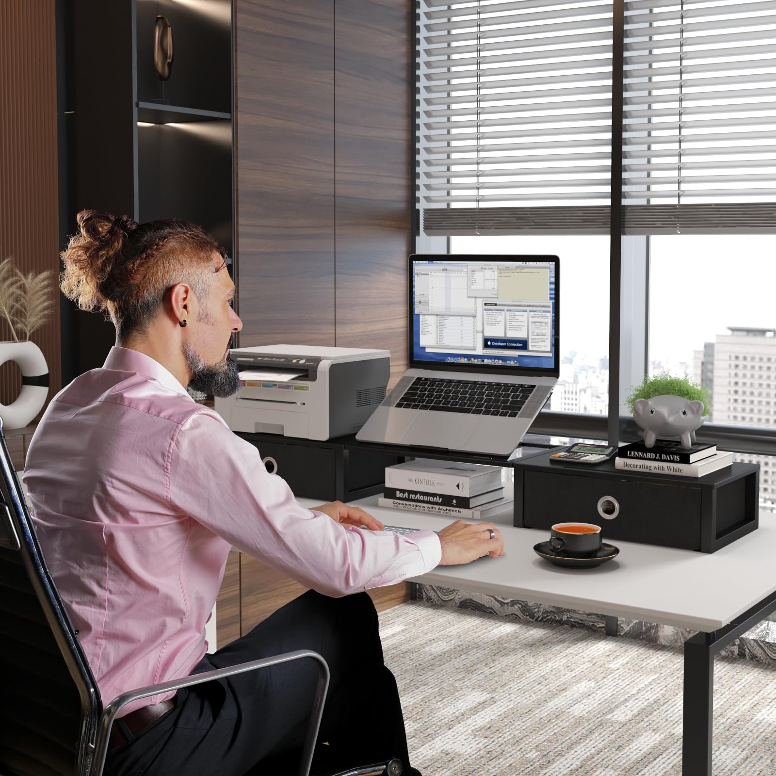 WESTREE Dual Monitor Stand Riser with Laptop Stand & Drawer