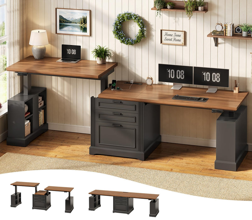 SEDETA Farmhouse Electric Standing Desk, 63" Height Adjustable Computer Desk with 3 Drawers, Storage Shelves, Power Outlets, Wood Home Office Stand up Desk for Work, Study, Writing