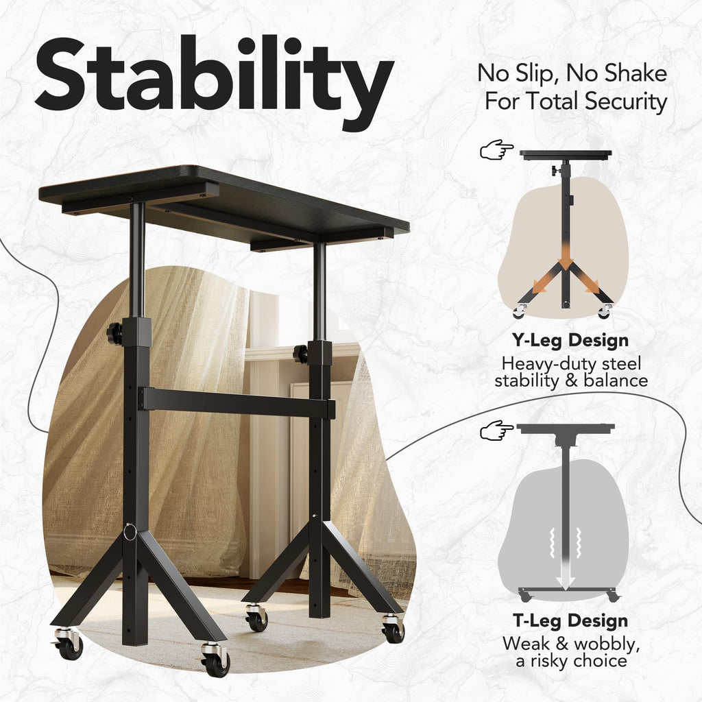 HUANUO Portable Standing Desk Adjustable Height, Mobile Stand Up Desk for Walking Pad and Treadmill, Rolling Computer Table with Wheels, 31.5"x15.75" Height 28"-46"