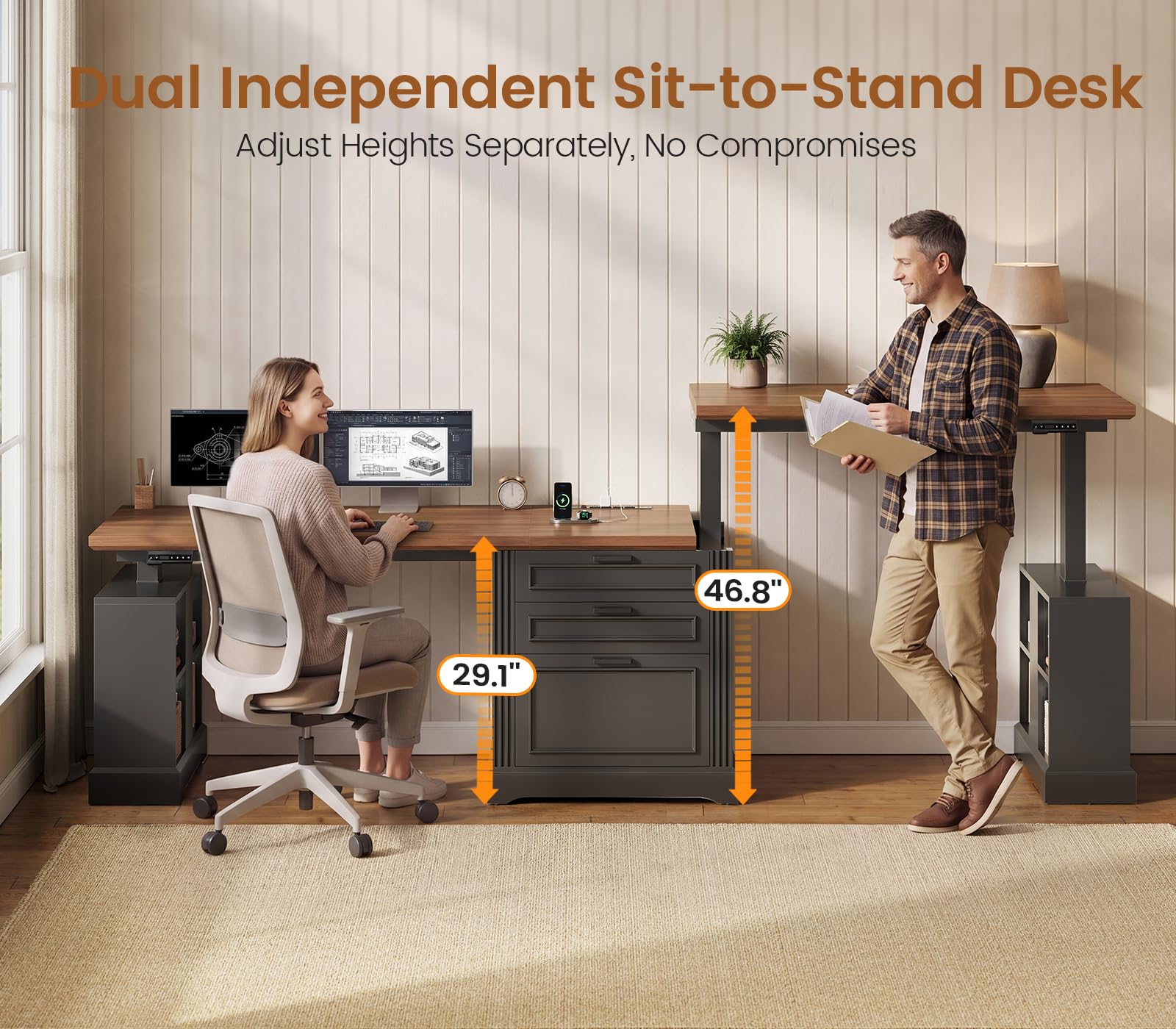 SEDETA Farmhouse Electric Standing Desk, 63" Height Adjustable Computer Desk with 3 Drawers, Storage Shelves, Power Outlets, Wood Home Office Stand up Desk for Work, Study, Writing
