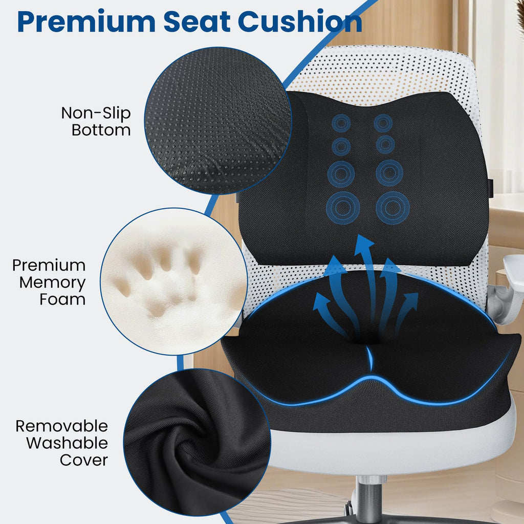 Seat Cushion Lumbar Support Pillow for Office Chair, X Large Memory Foam Chair Cushions for Sciatica Tailbone Pain Relief Coccyx Pad for Wheelchair, Car, Home, Office, Desk