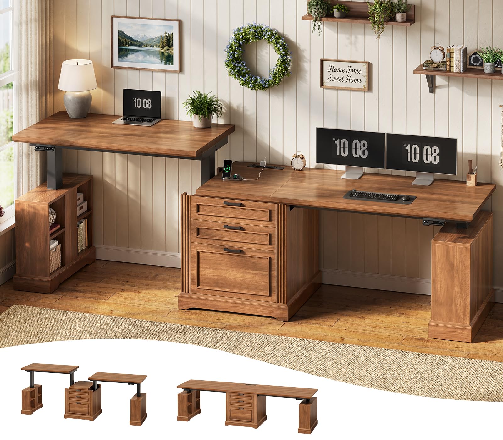 SEDETA Farmhouse Electric Standing Desk, 63" Height Adjustable Computer Desk with 3 Drawers, Storage Shelves, Power Outlets, Wood Home Office Stand up Desk for Work, Study, Writing