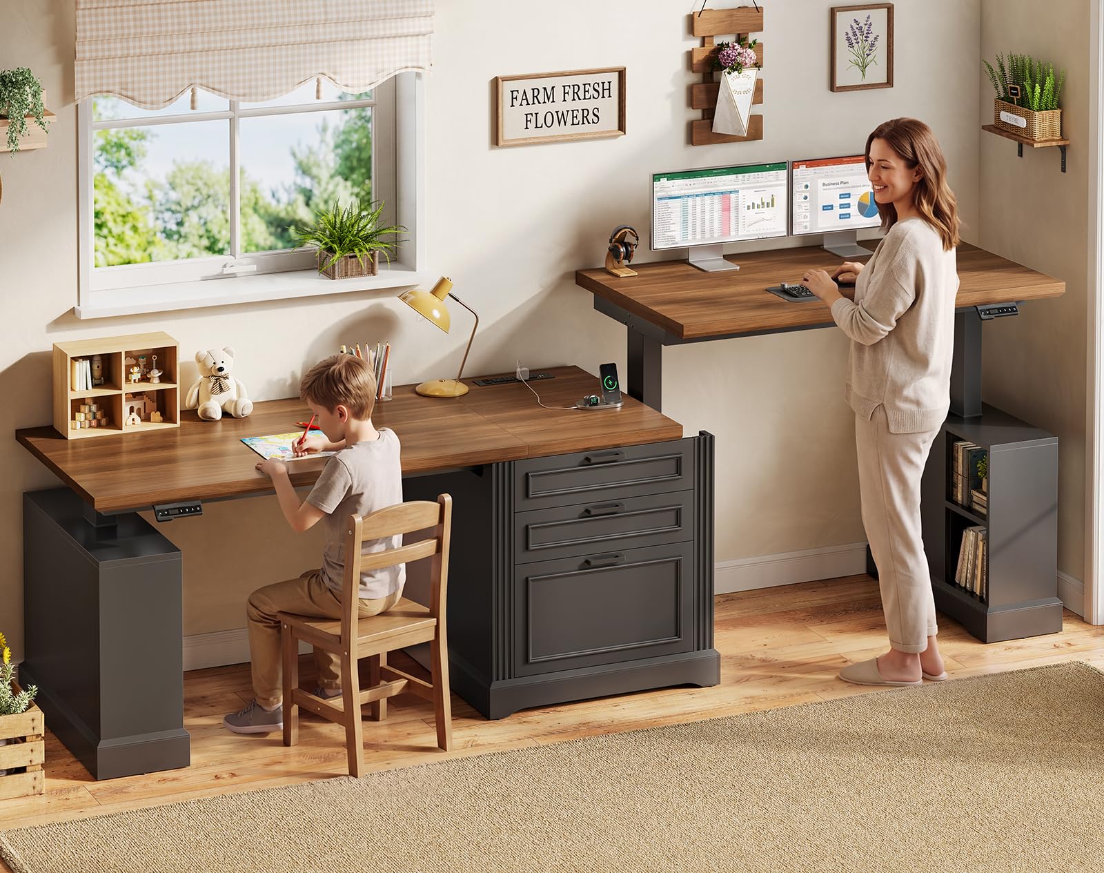 SEDETA Farmhouse Electric Standing Desk, 63" Height Adjustable Computer Desk with 3 Drawers, Storage Shelves, Power Outlets, Wood Home Office Stand up Desk for Work, Study, Writing