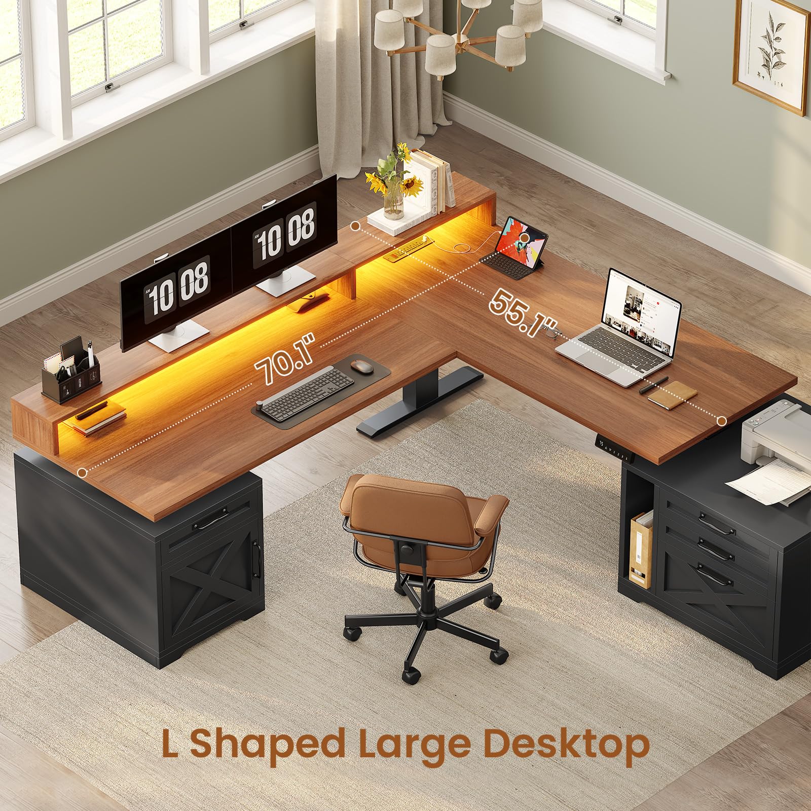 SEDETA Farmhouse L Shaped Standing Desk, 70.1" x 73.2" Height Adjustable Home Office Executive Desk with Drawers, Power Outlet, Monitor Stand, Sit Stand Table with Led Lights for Home Office, Black